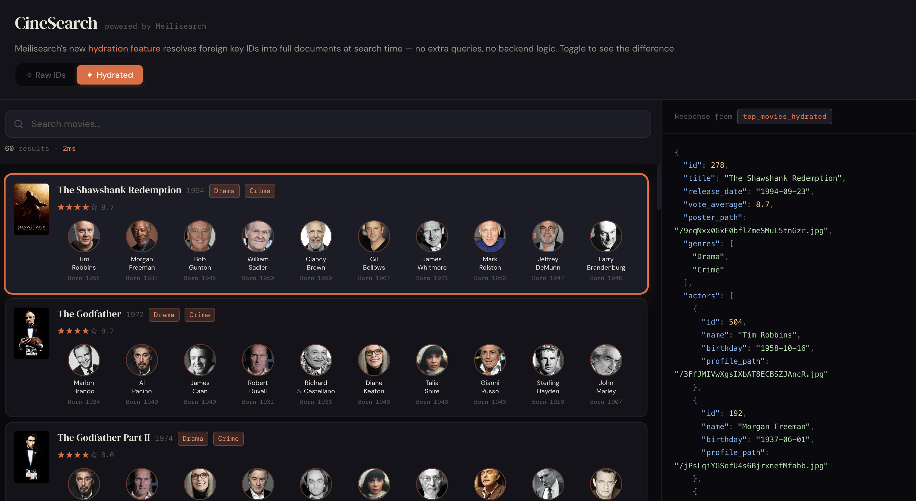 Hydration demo showing search results enriched with related data