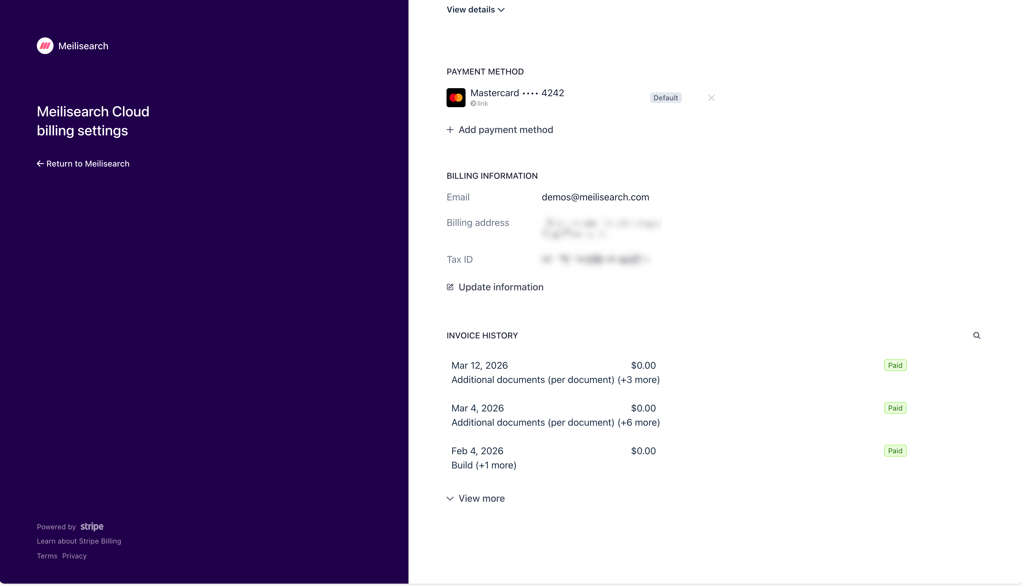 Stripe customer portal showing invoice history with dates, amounts, and paid status