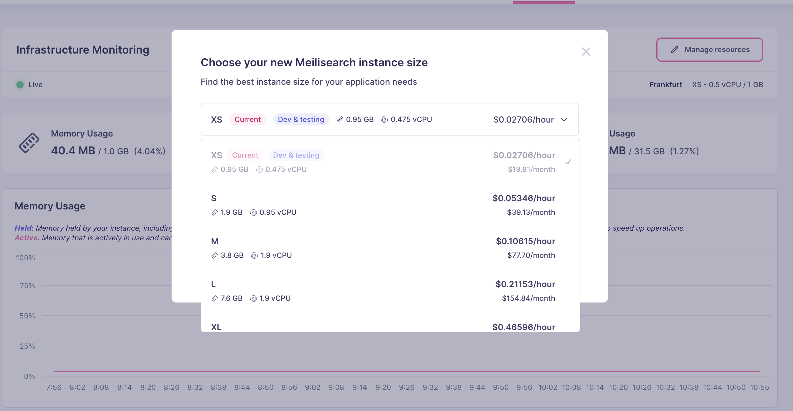Choose your new Meilisearch instance size dialog listing available instance sizes with their RAM, vCPU, and hourly and monthly price