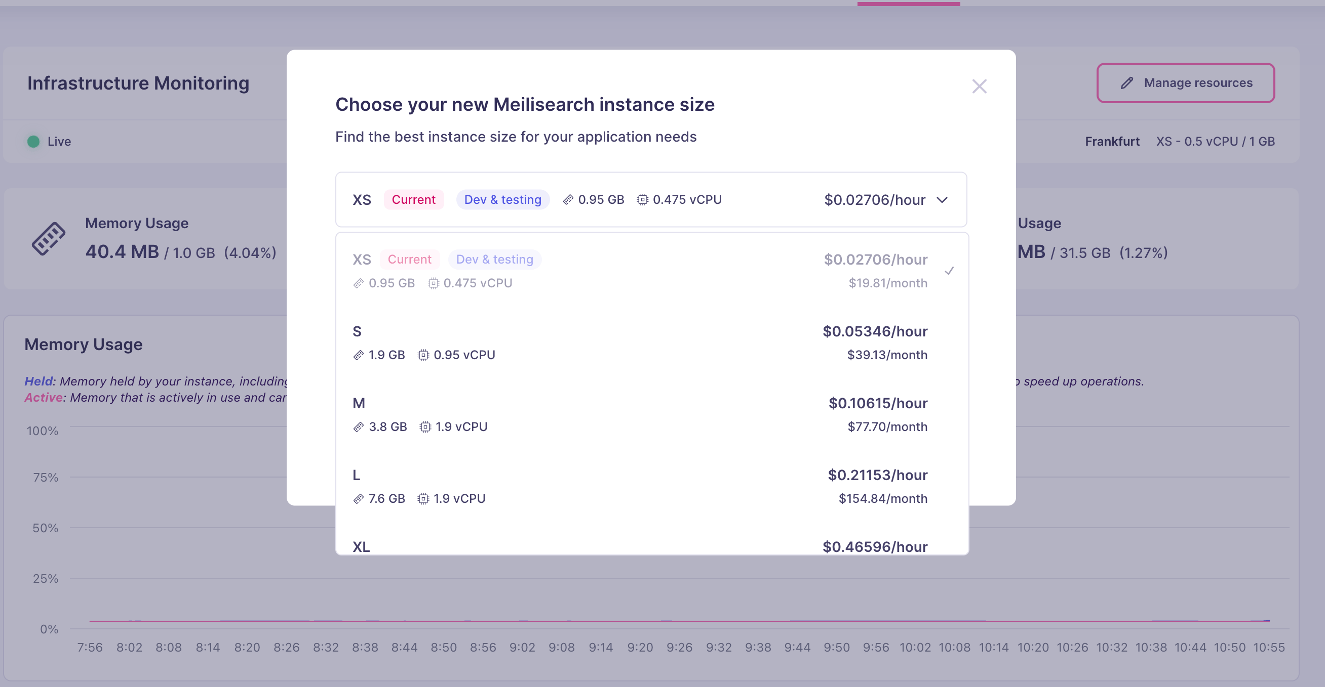 Choose your new Meilisearch instance size dialog listing available instance sizes with their RAM, vCPU, and hourly and monthly price