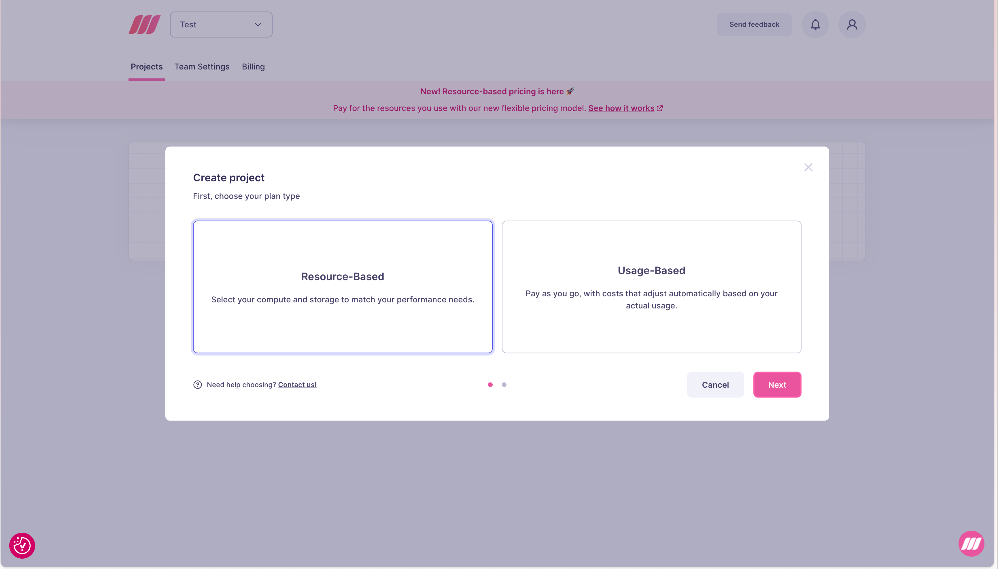 Create project modal showing Resource-Based and Usage-Based plan type options