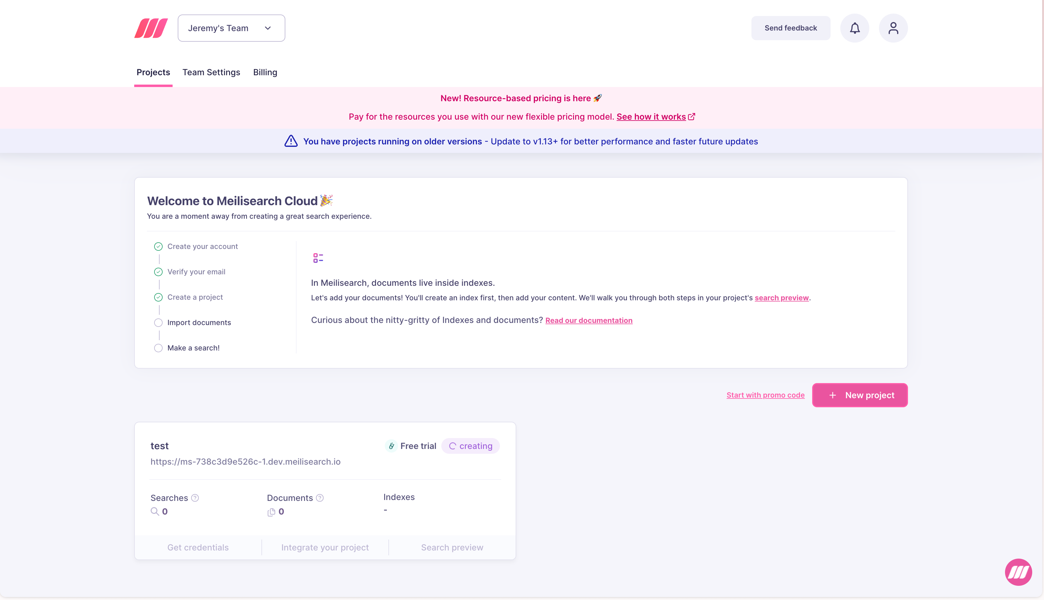 Meilisearch Cloud projects list showing a project with creating status