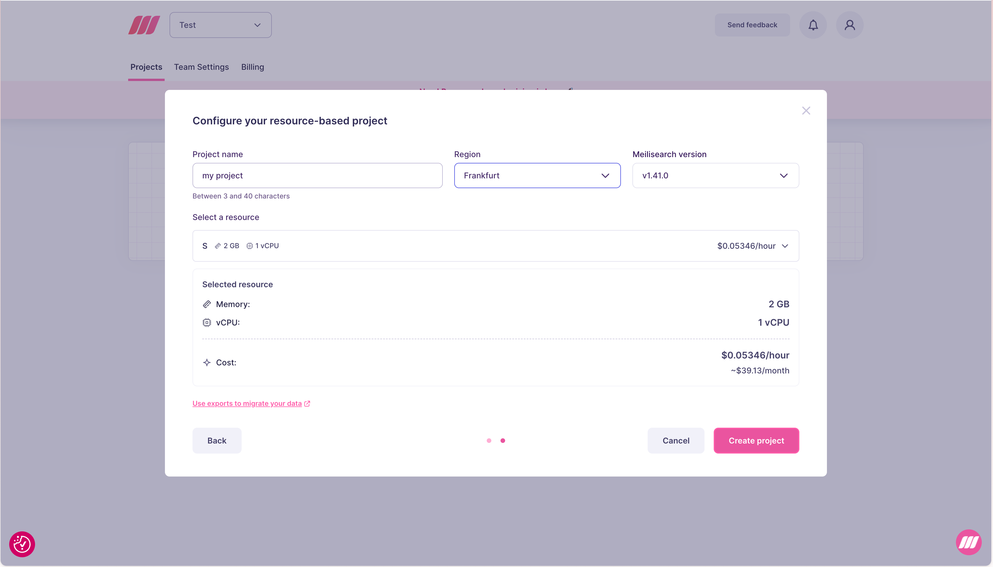 Configure resource-based project form showing memory, vCPU, and hourly cost breakdown