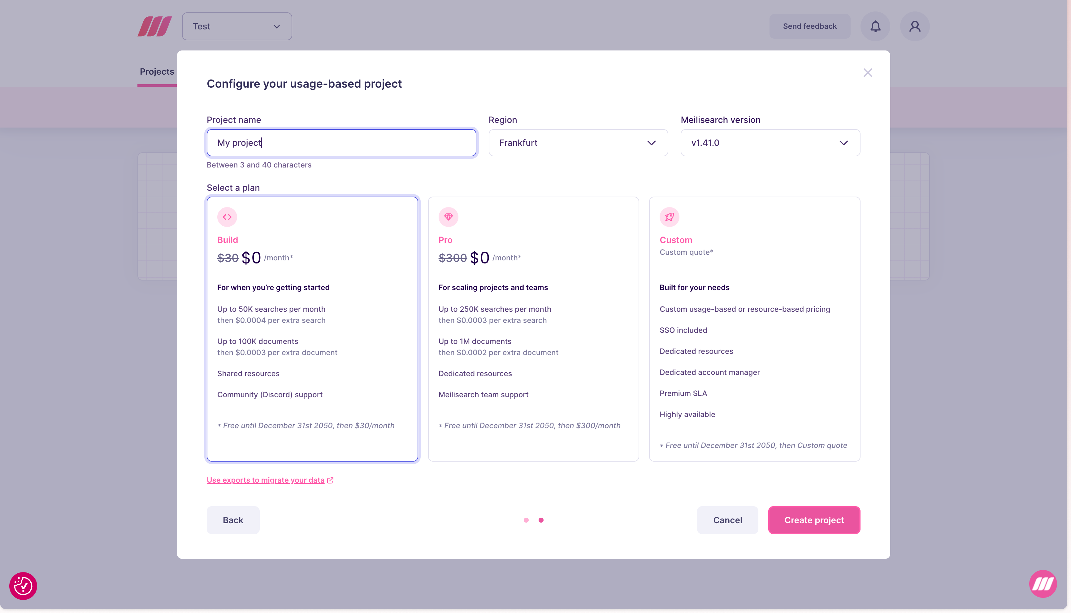 Configure usage-based project form showing Build plan option with pricing details