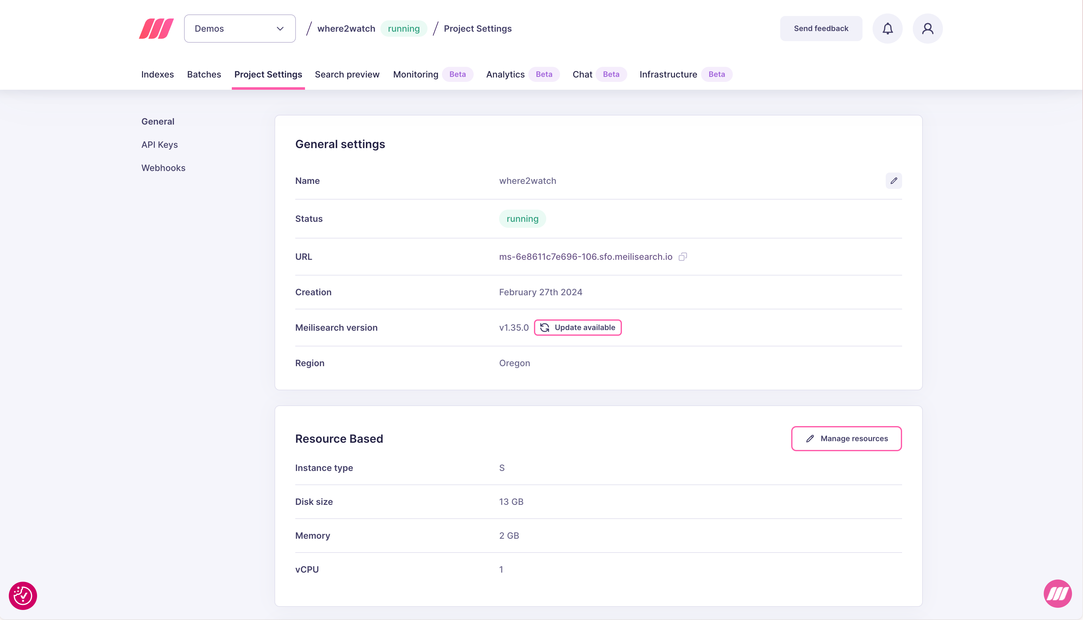 Project settings showing current Meilisearch version with an Update available badge