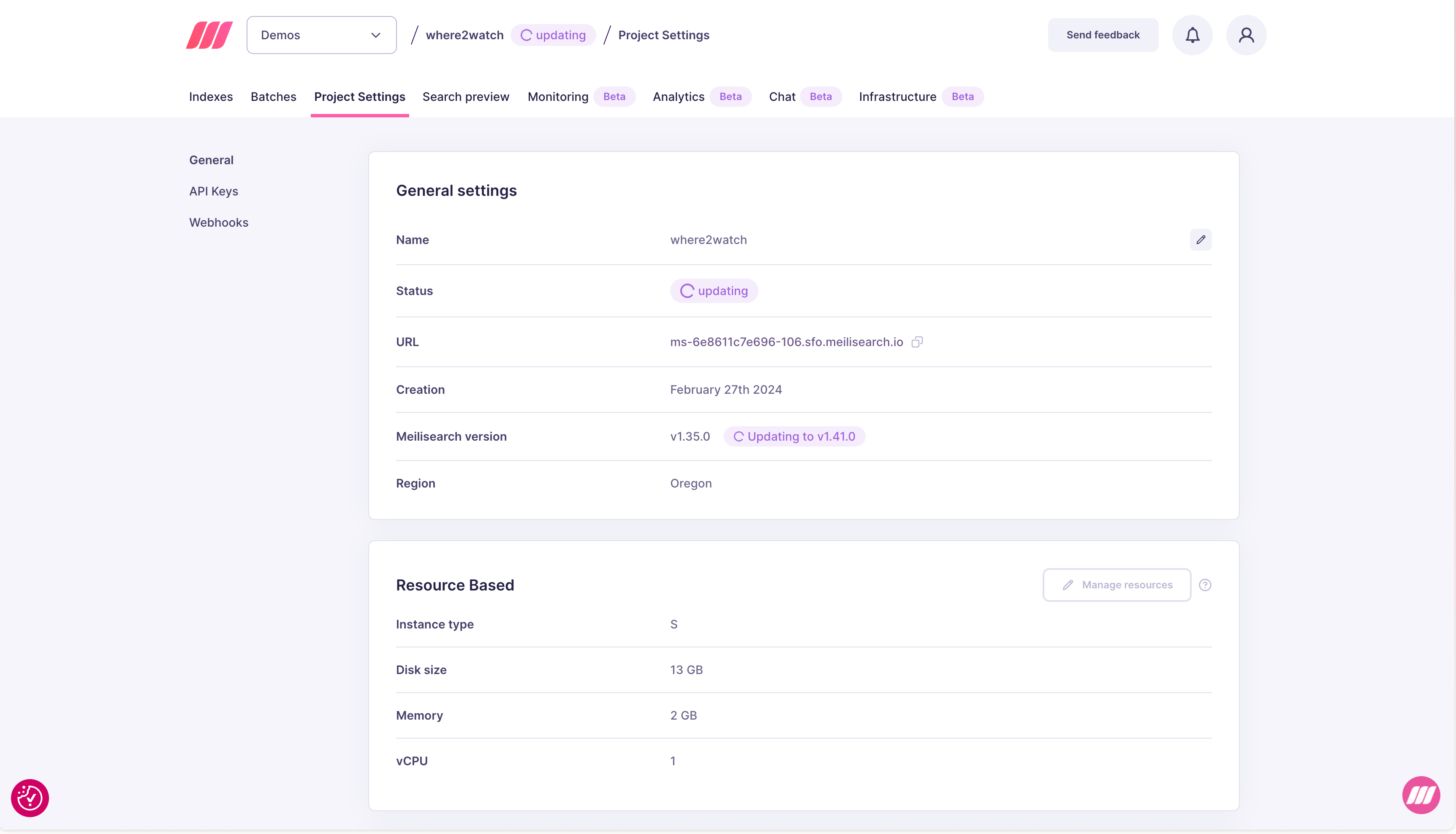 Project settings showing updating status with Updating to v1.41.0 indicator