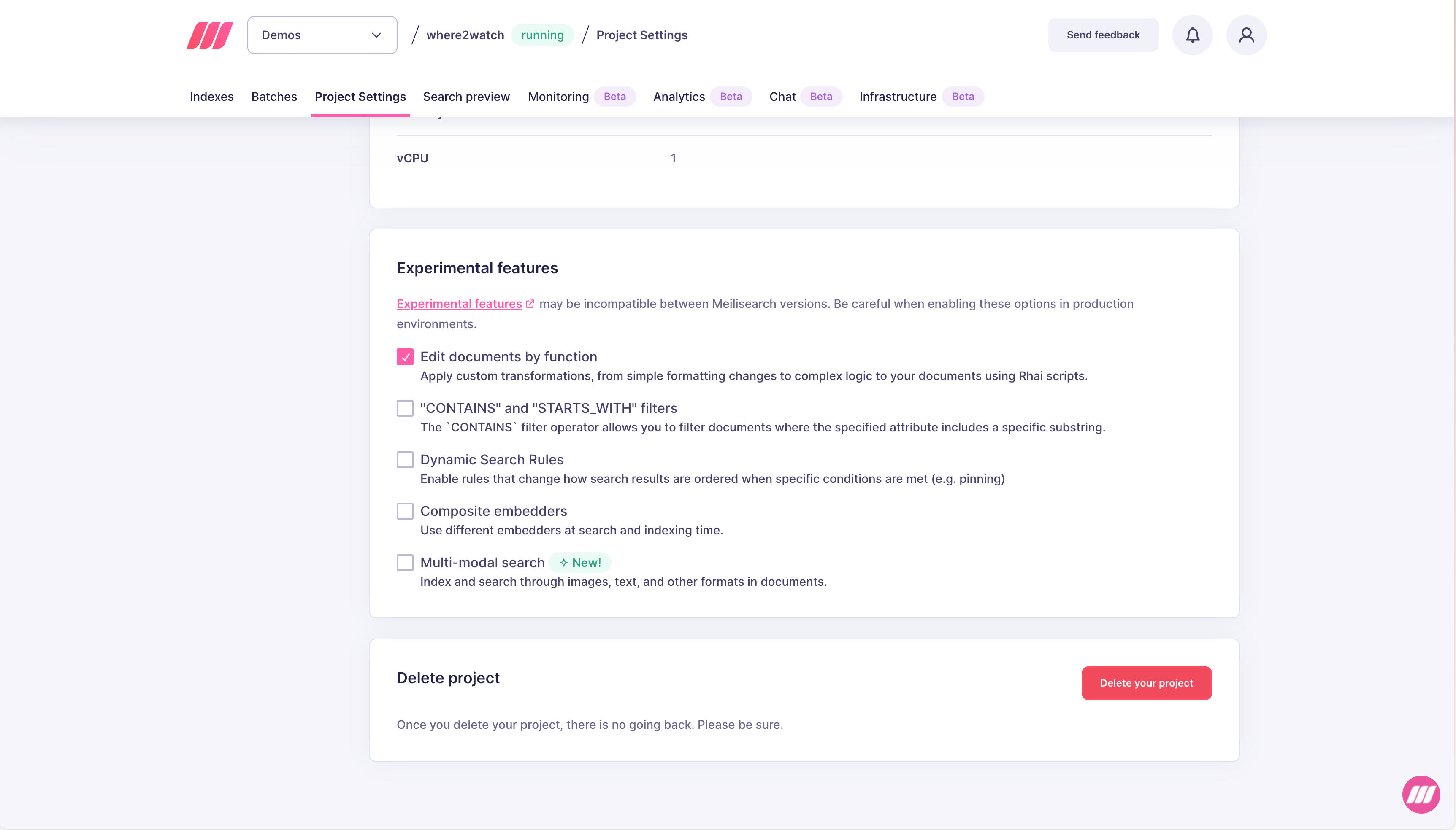 Experimental features section in Project Settings showing checkboxes for each available feature