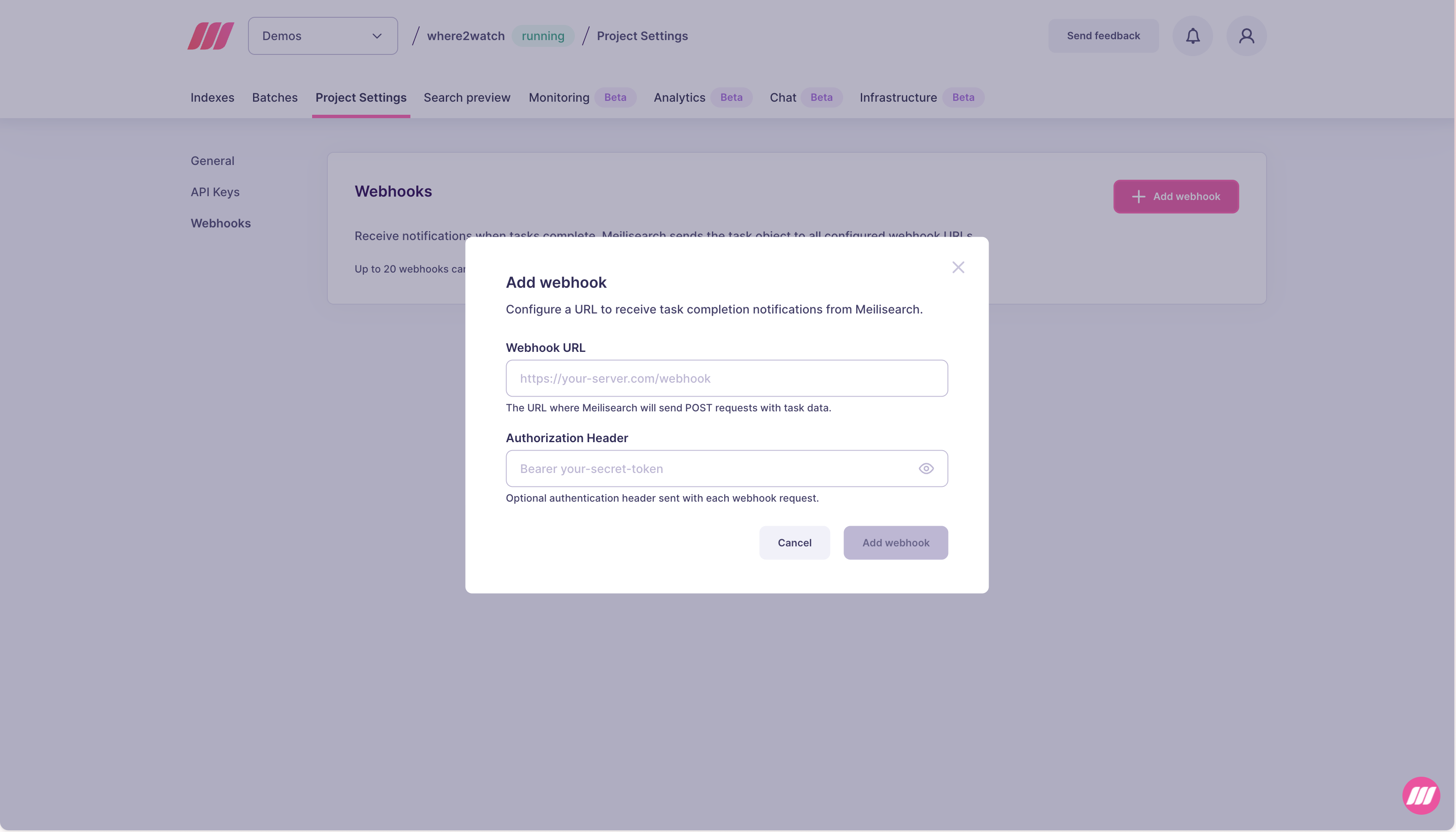 Add webhook modal with Webhook URL and Authorization Header fields