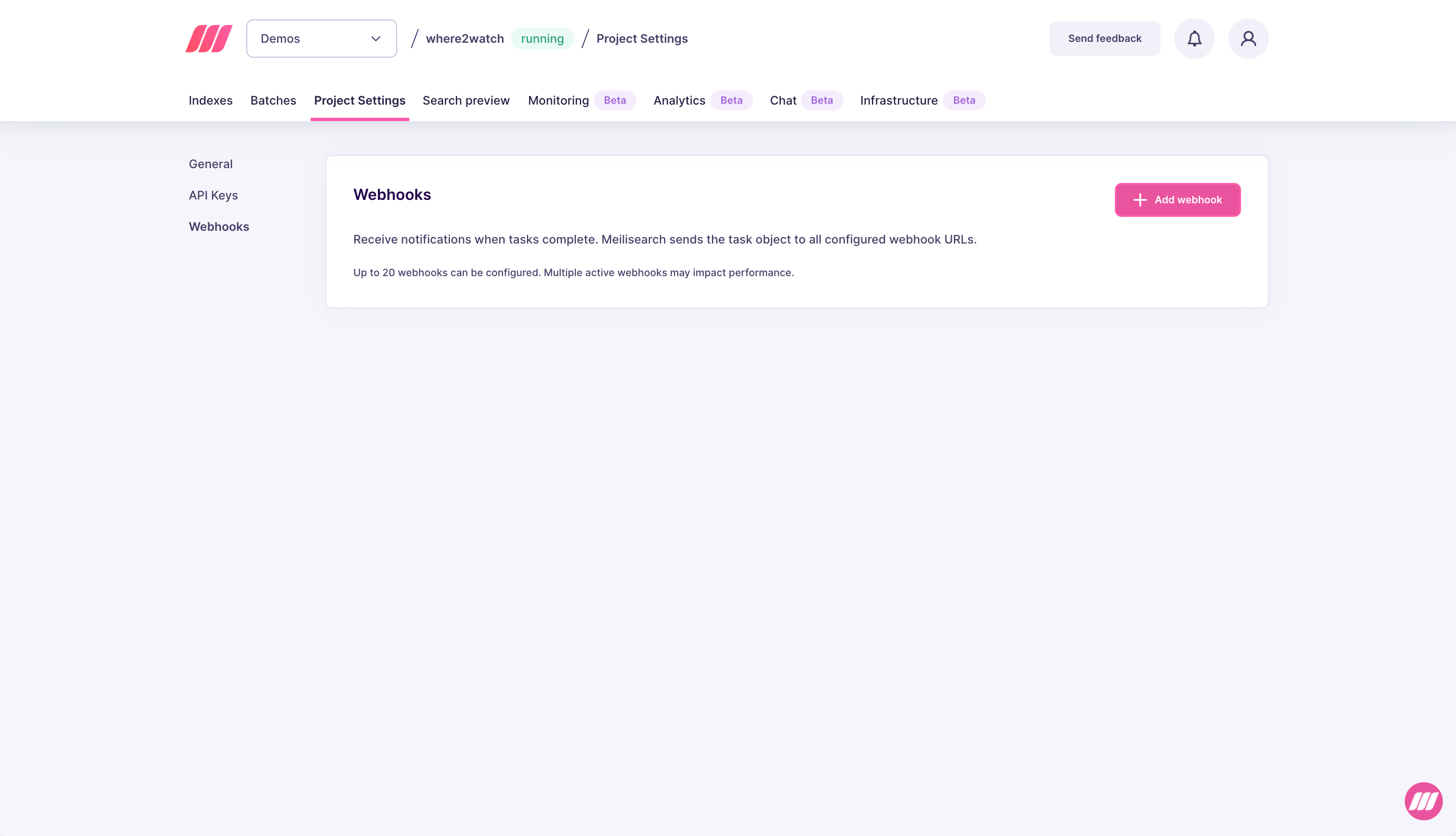 Webhooks section in Project Settings showing the Add webhook button and description