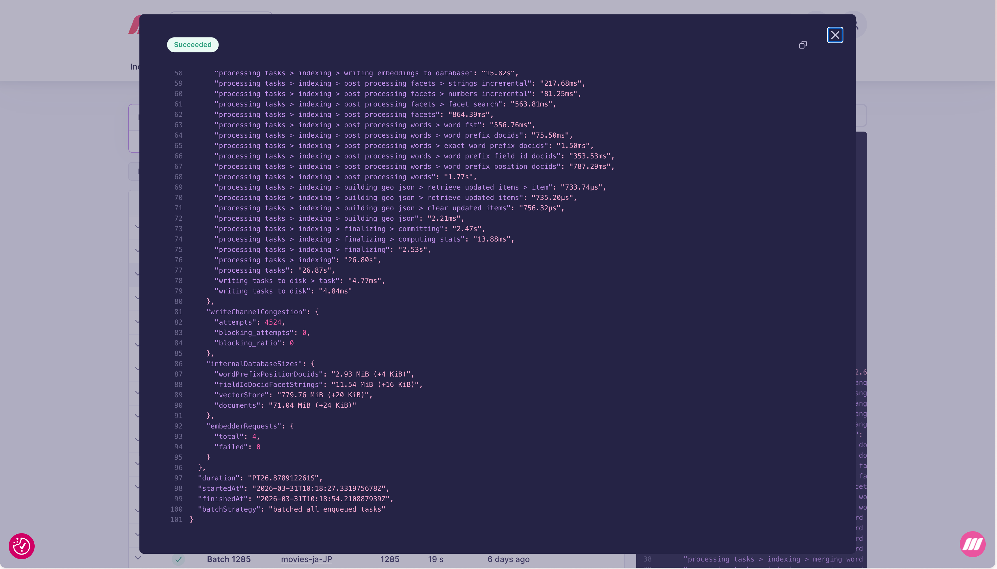 Batch detail JSON panel showing progressTrace with per-step timing, internalDatabaseSizes, embedderRequests, and writeChannelCongestion
