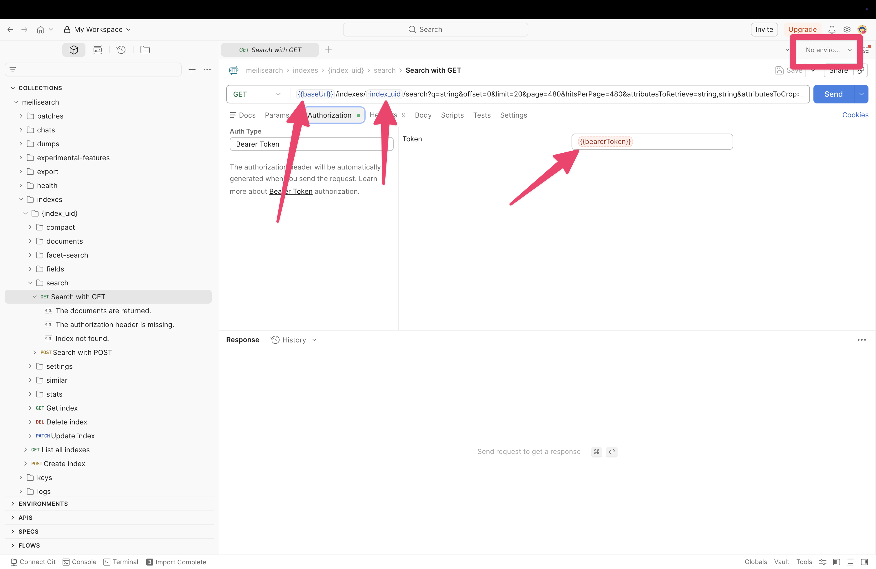 The Postman collection showing all Meilisearch API routes with the Authorization tab open and Bearer Token configured
