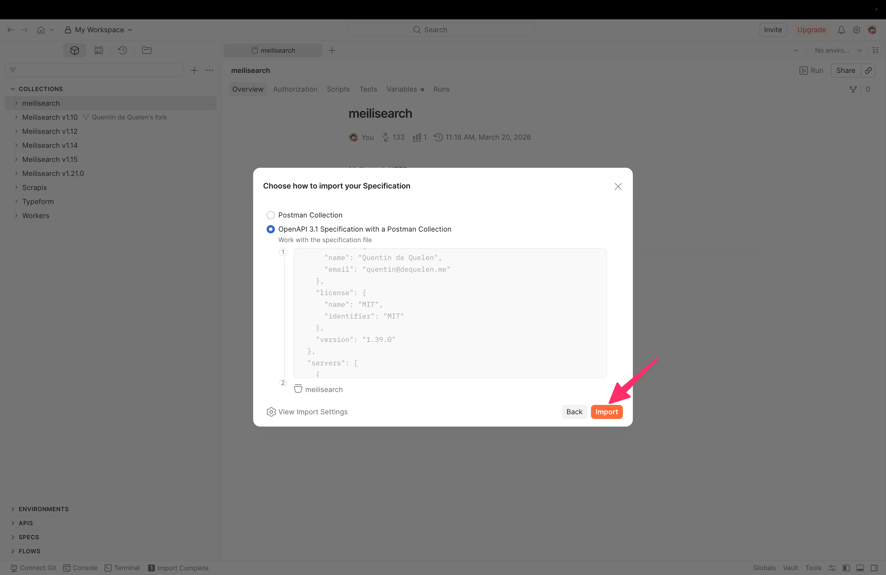 The import specification dialog with 'OpenAPI 3.1 Specification with a Postman Collection' selected