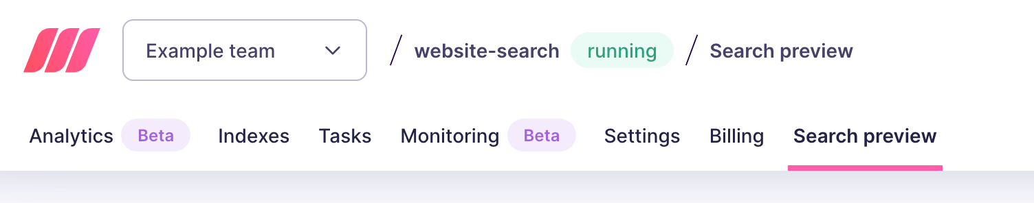 Meilisearch Cloud's project menu with the last option, 'Search preview', selected