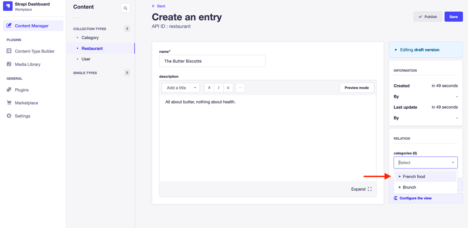 Strapi dashboard: create an entry form, arrow indicating the category's location in the right side menu