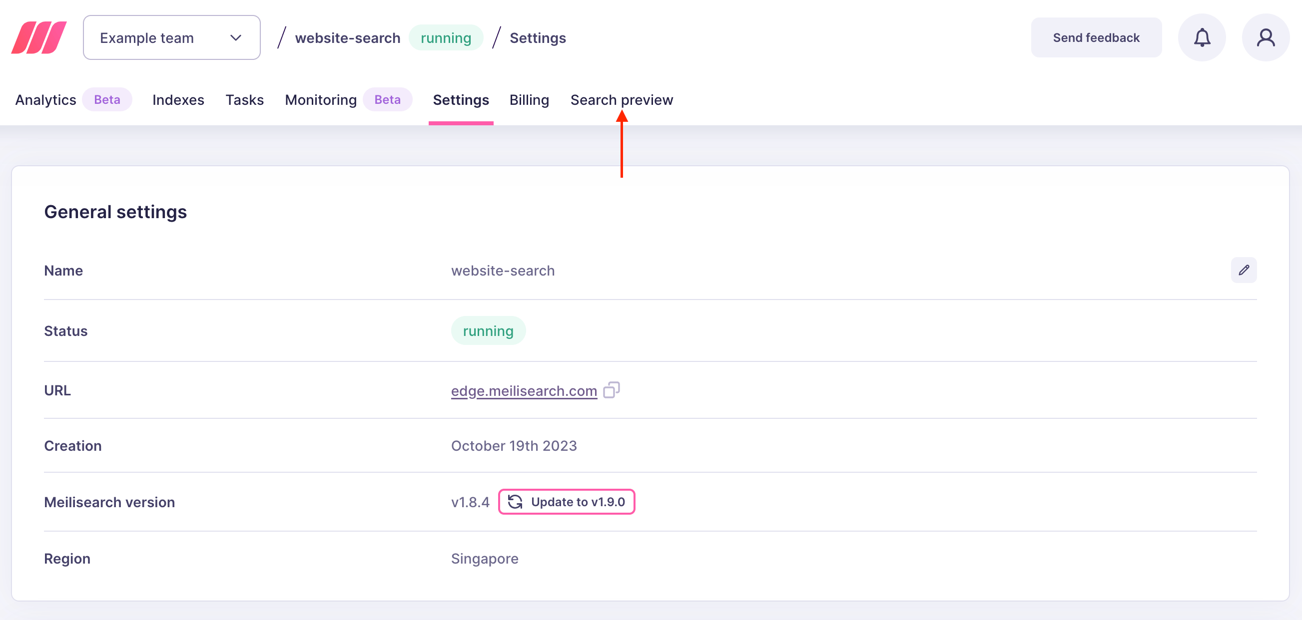 The project overview page. A red arrow points at a menu item named 'Search preview'