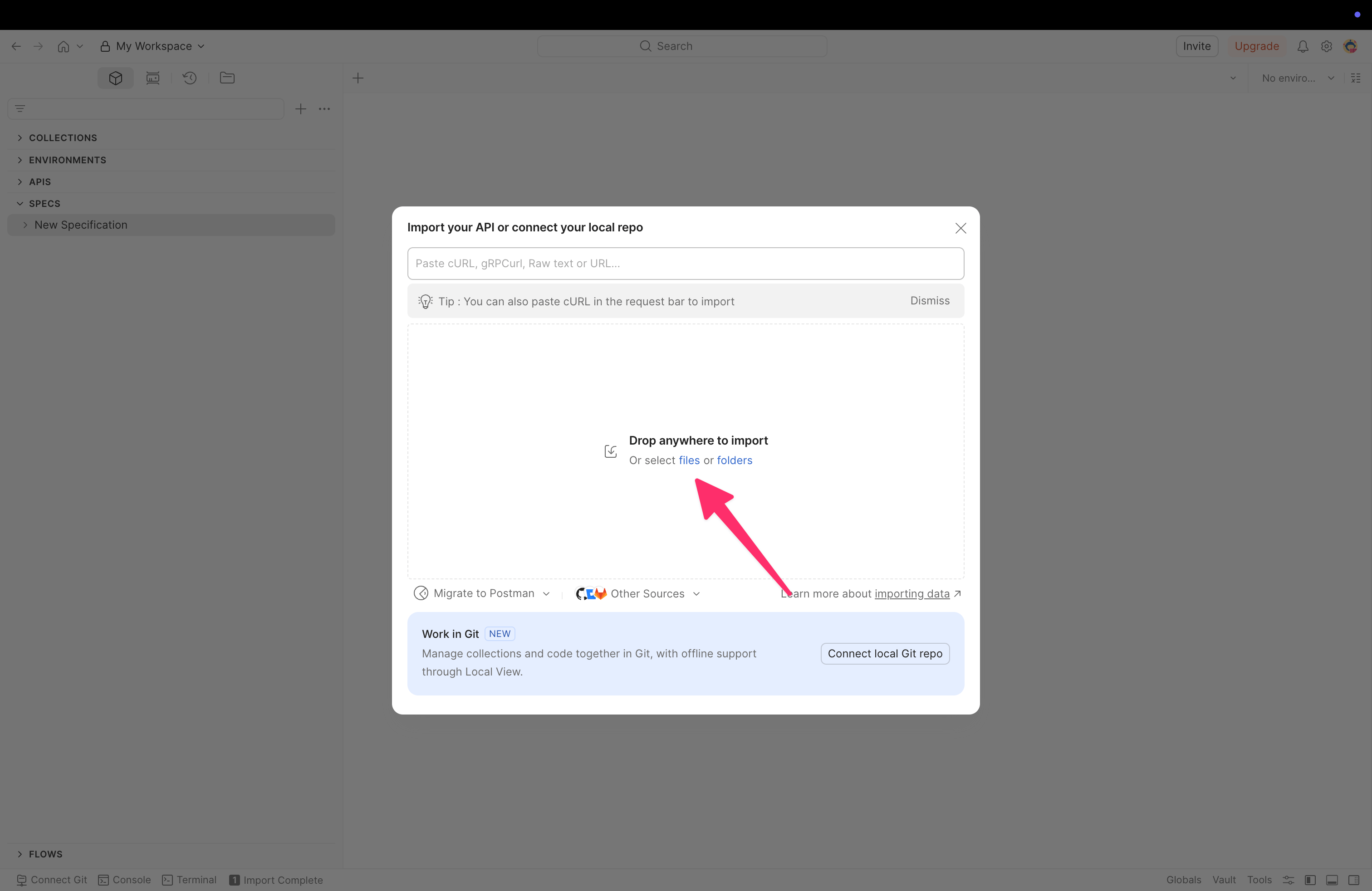 The import specification dialog with 'Postman Collection' selected