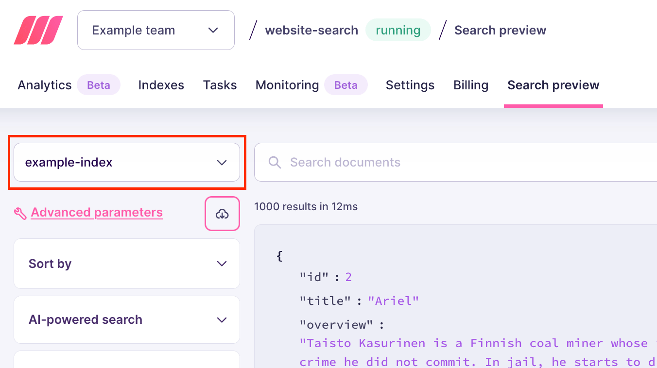 Meilisearch Cloud's search preview interface, with the index selecting input highlighted