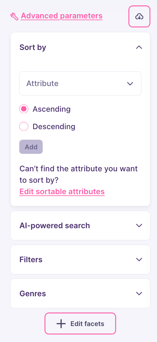 The sidebar of the search preview interface, with a handful of options, including 'Sort by', 'AI-powered search', 'Filters', and 'Genres'