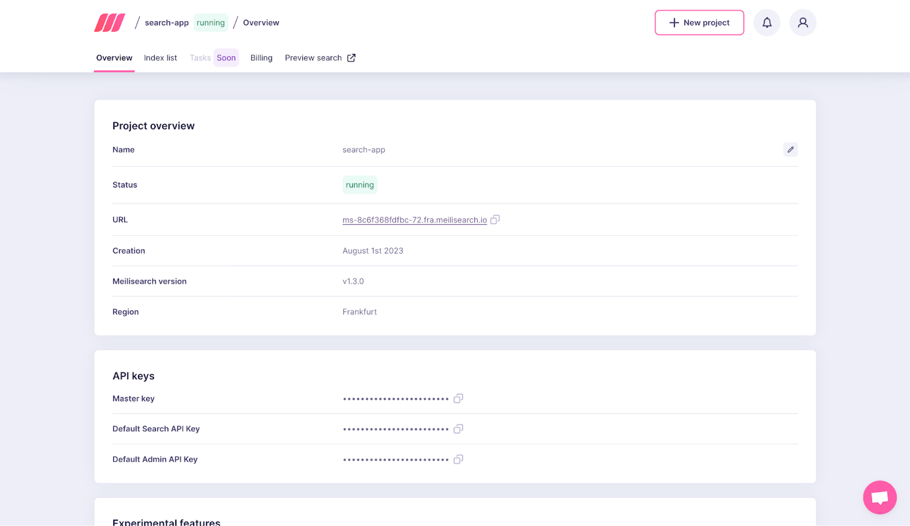 Meilisearch Cloud dashboard: overview of the 'search-app' project