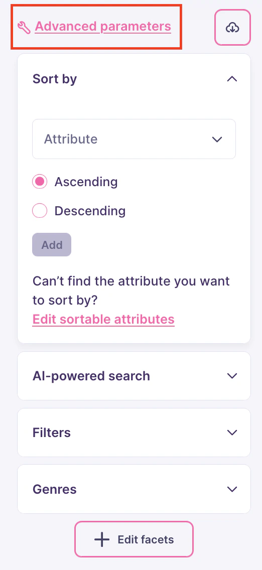The same sidebar as before with the 'Advanced parameters' option highlighted