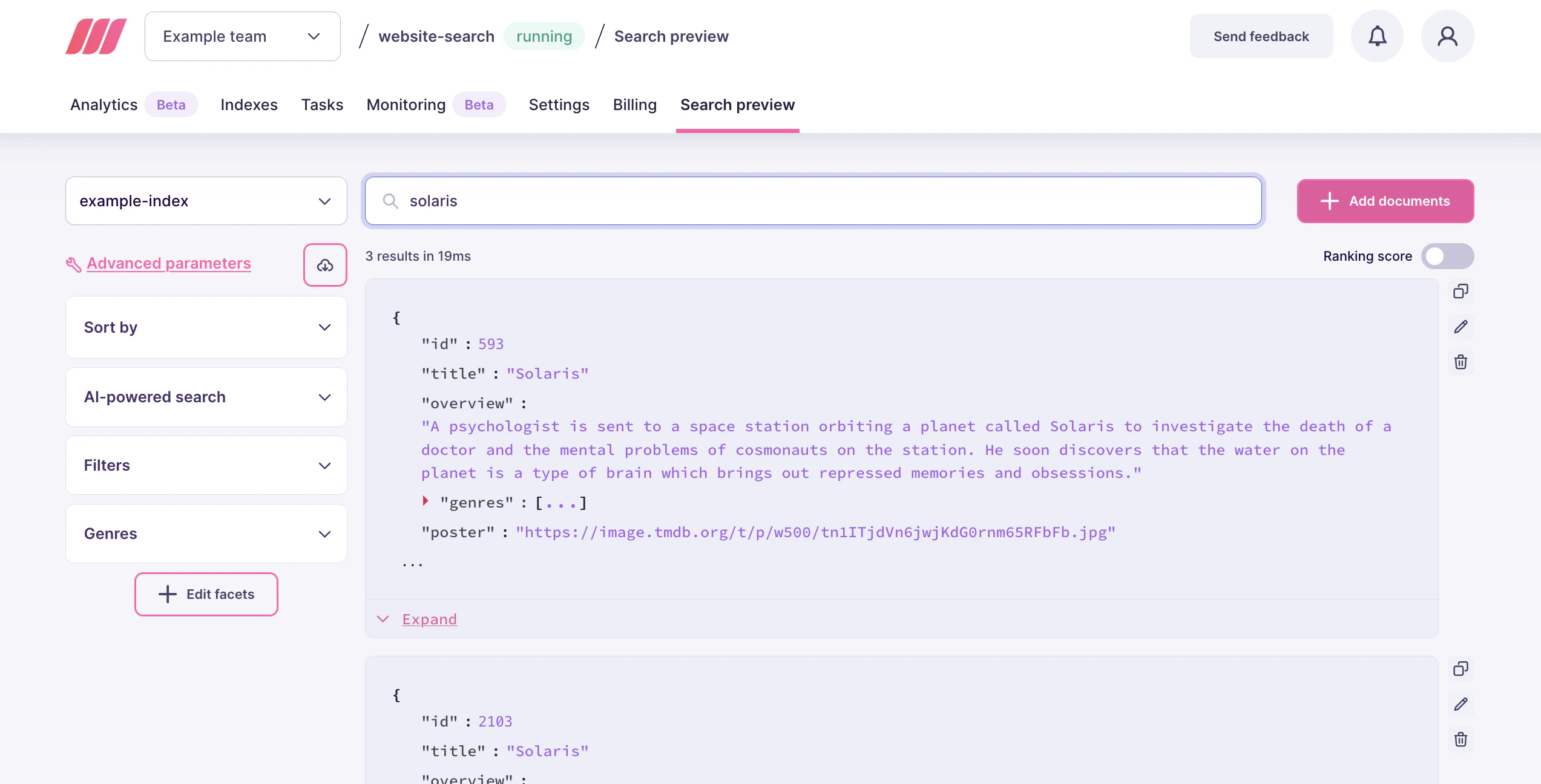 The search preview interface, with 'solaris' written in the search bar