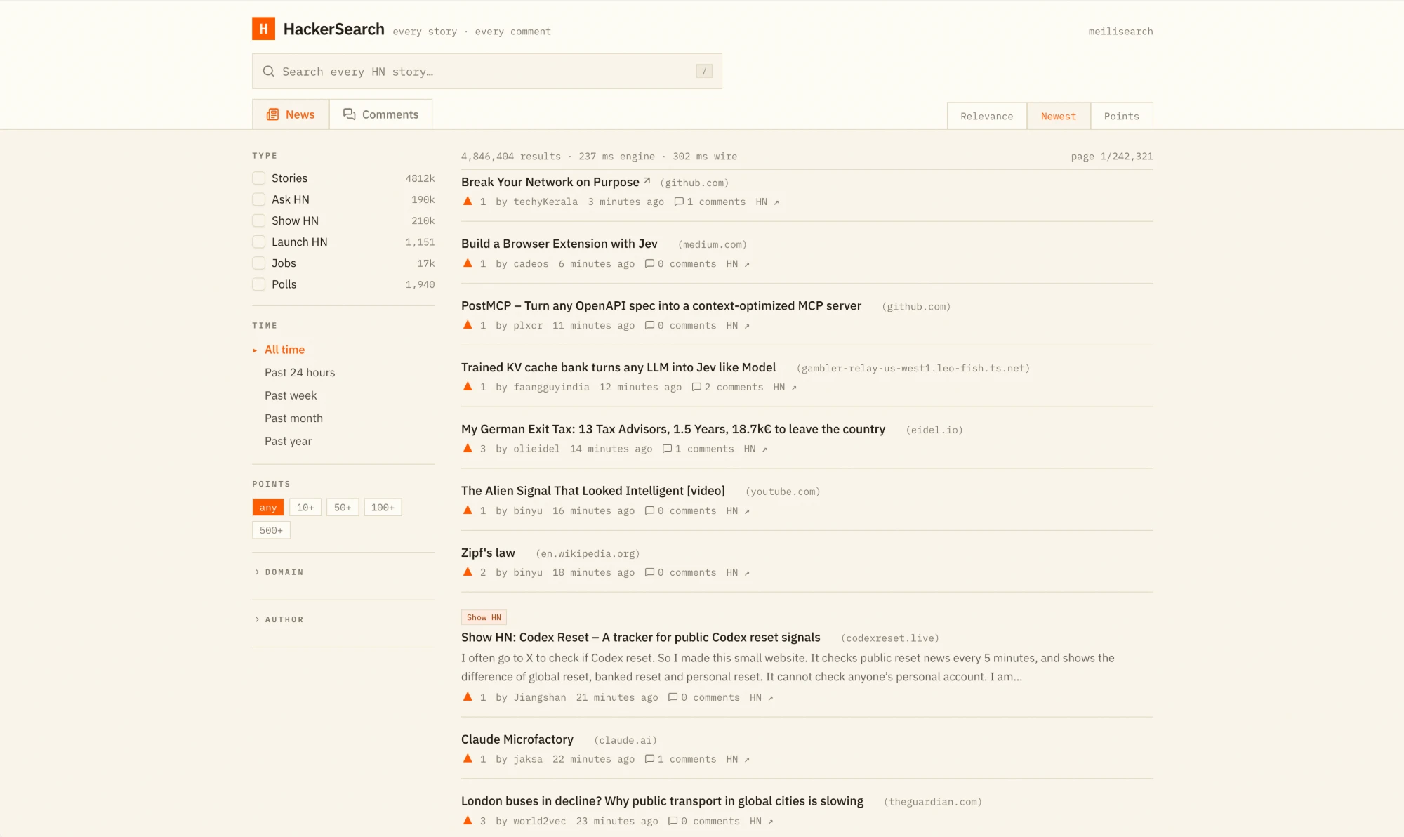 HackerSearch showing the newest Hacker News stories with type, time, and points facets
