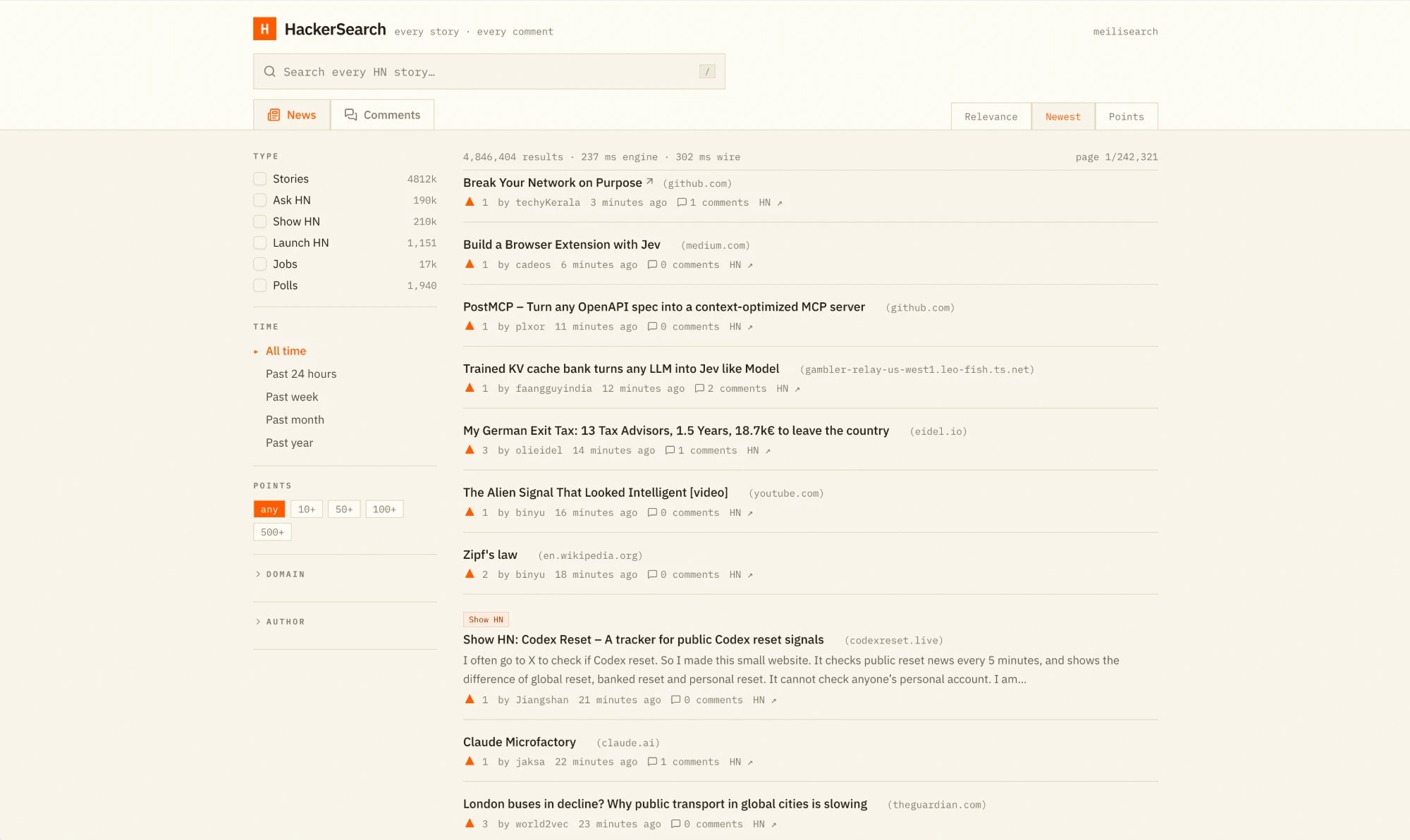 HackerSearch showing the newest Hacker News stories with type, time, and points facets