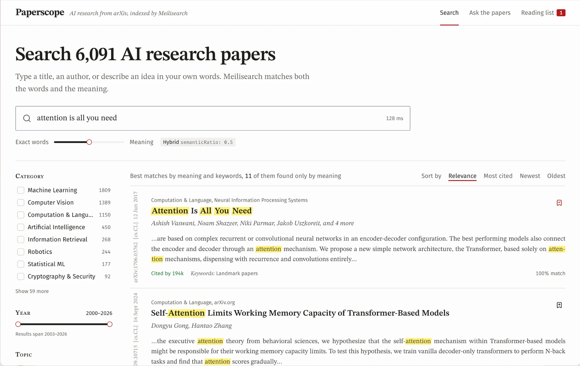 Paperscope search page showing a hybrid search for "attention is all you need" with category and year facets