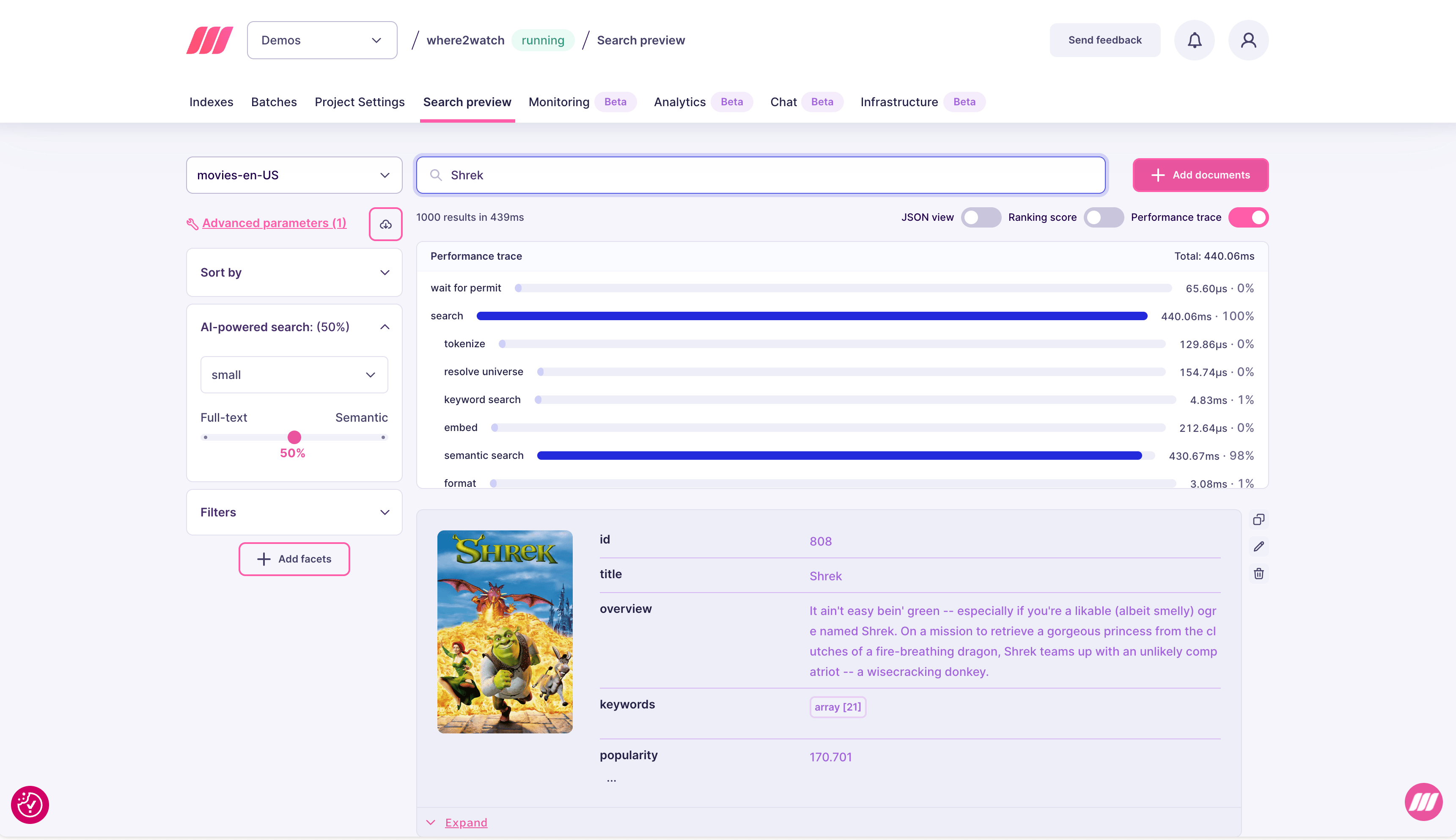 Search preview showing Performance trace panel with per-step timing breakdown including semantic search at 98% of total time