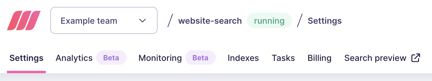 The main menu of the project view in the Meilisearch Cloud interface. Menu items include 'Indexes' among other options such as 'Settings' and 'Analytics'.