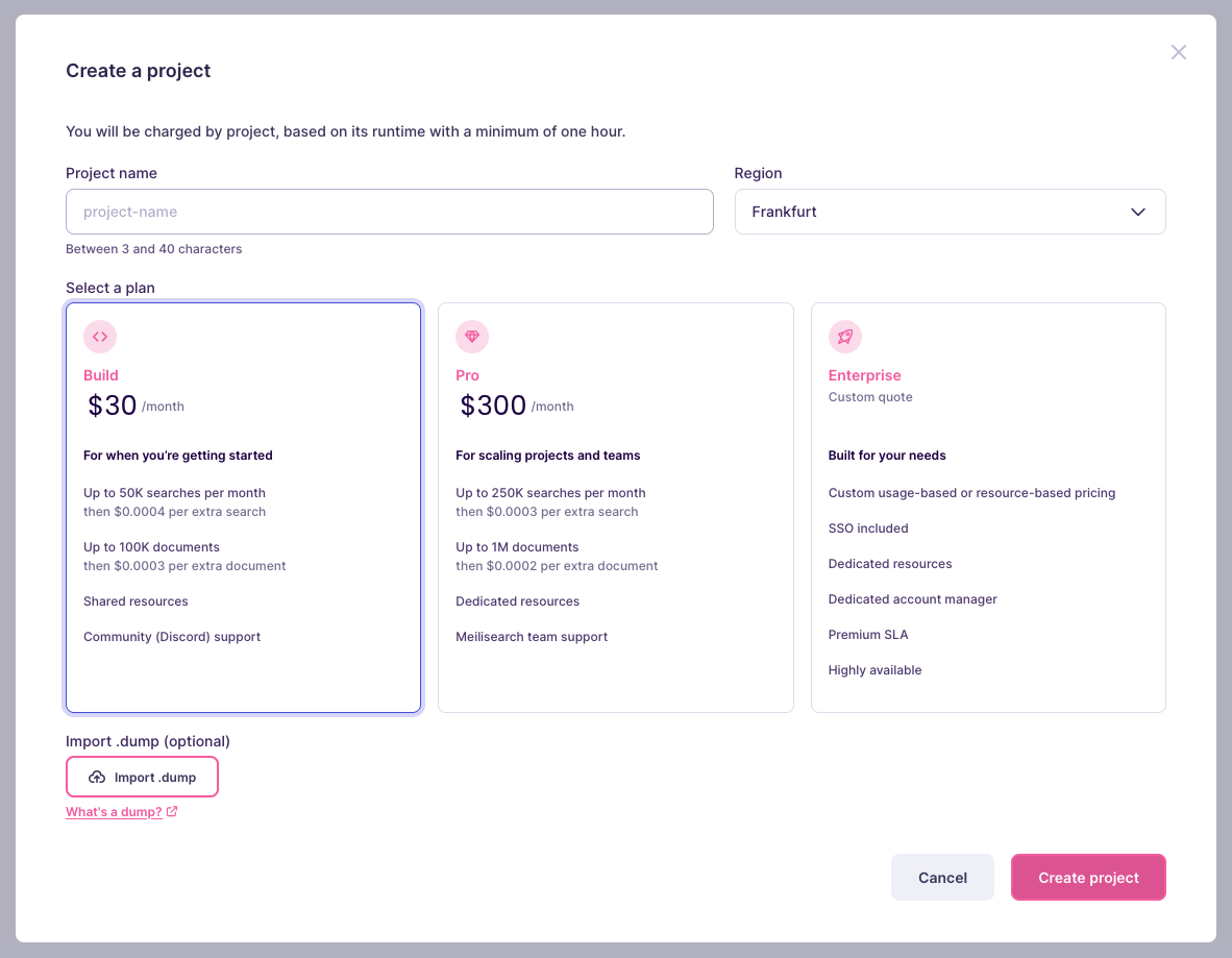 A modal window with three mandatory fields: 'Project name', 'Select a region', and 'Select a plan'. Further down, an optional field: 'Import .dump'