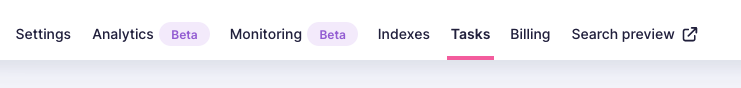 Meilisearch Cloud menu with "Tasks" highlighted