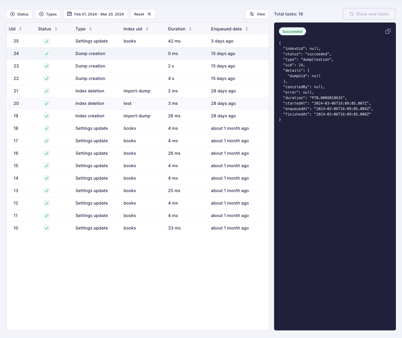 A table listing multiple Meilisearch Cloud tasks