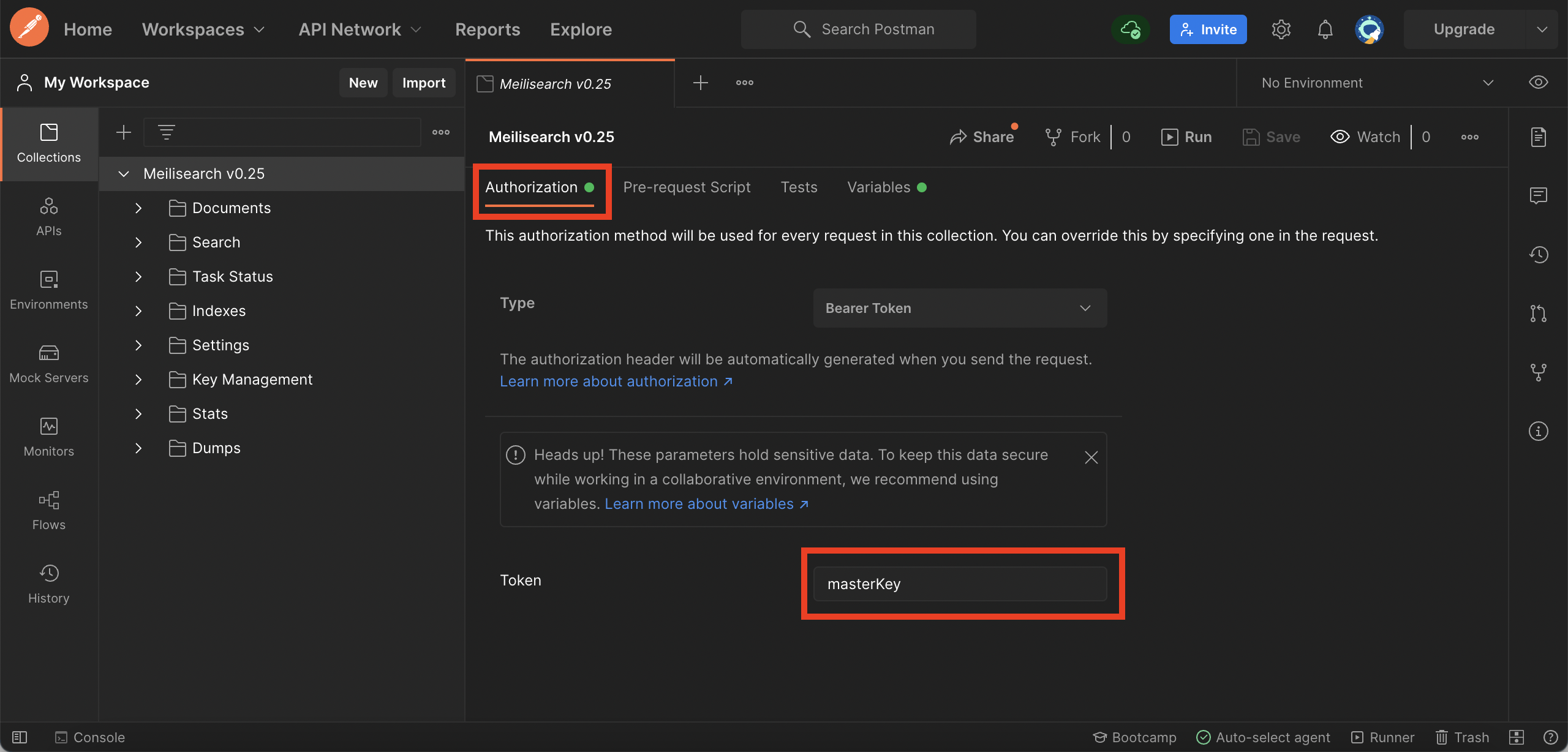 The 'Token' field set to masterKey and 'Type' to Bearer Token in the 'Authorization' tab.