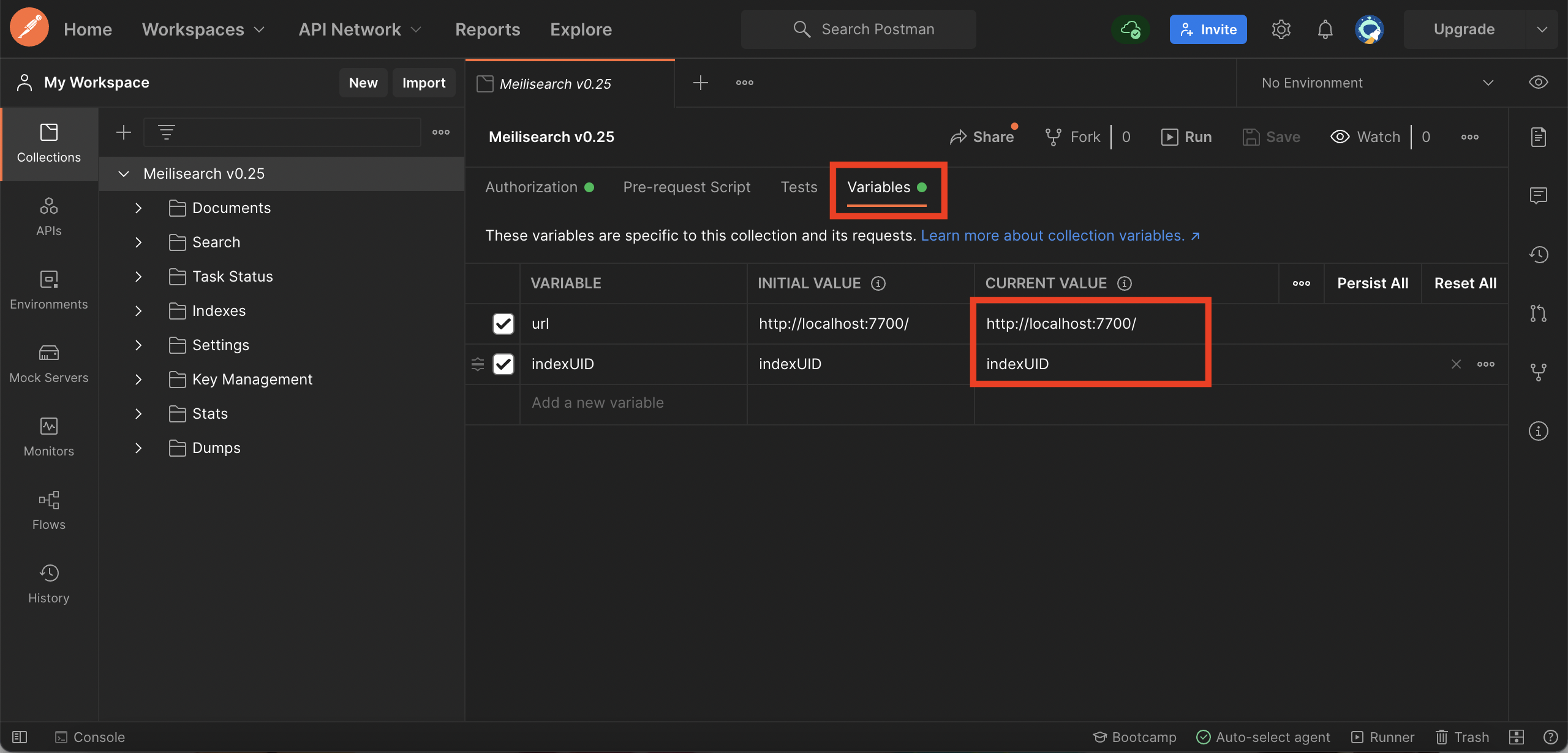 Setting the 'URL' to http://localhost:7700/ and 'indexUID' to indexUId in the Variables tab.