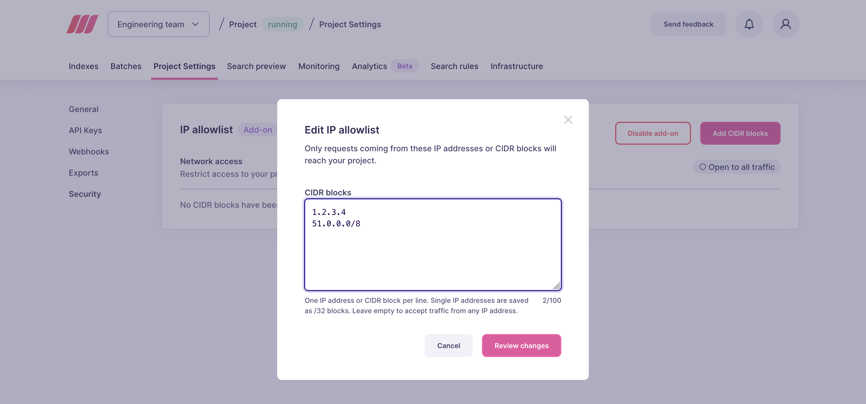 Edit IP allowlist dialog with a single IP address and a CIDR block entered, one per line