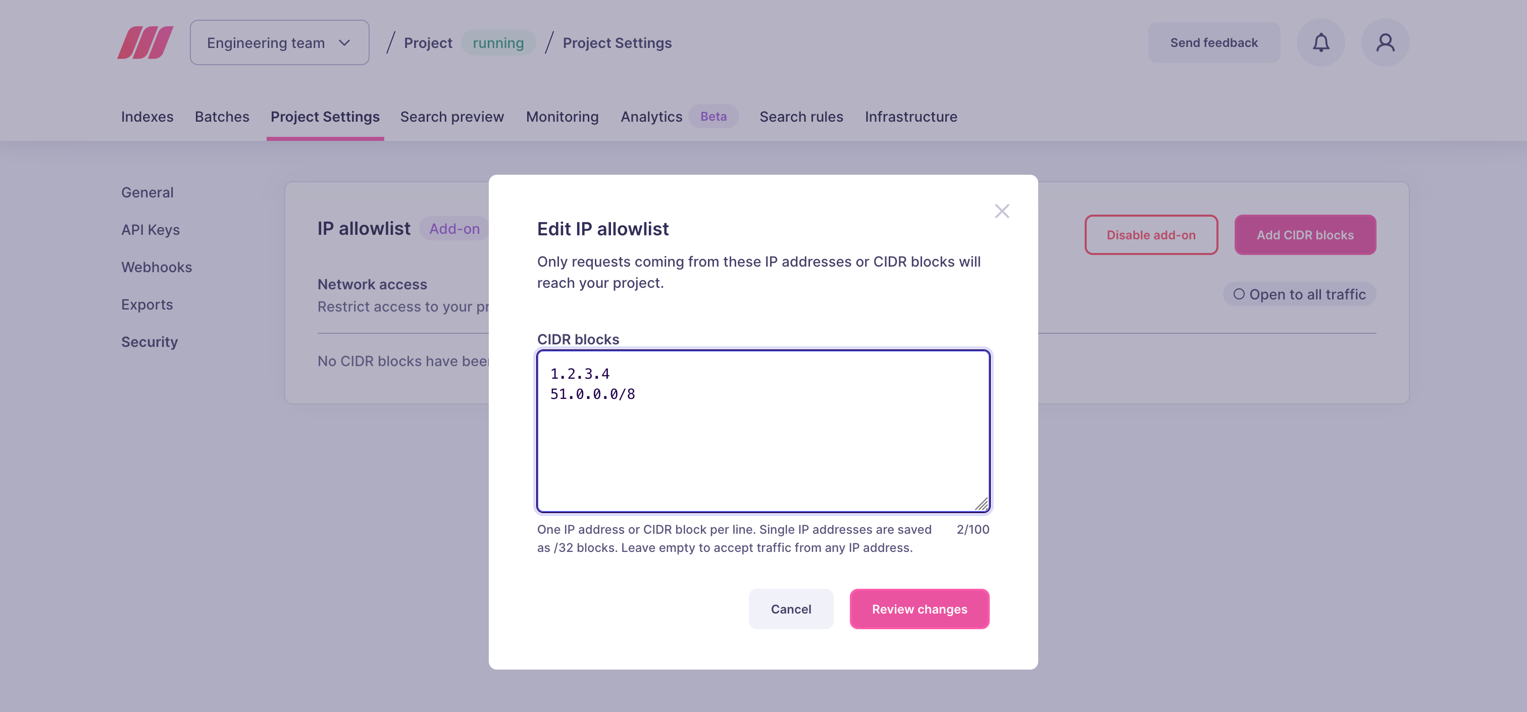 Edit IP allowlist dialog with a single IP address and a CIDR block entered, one per line