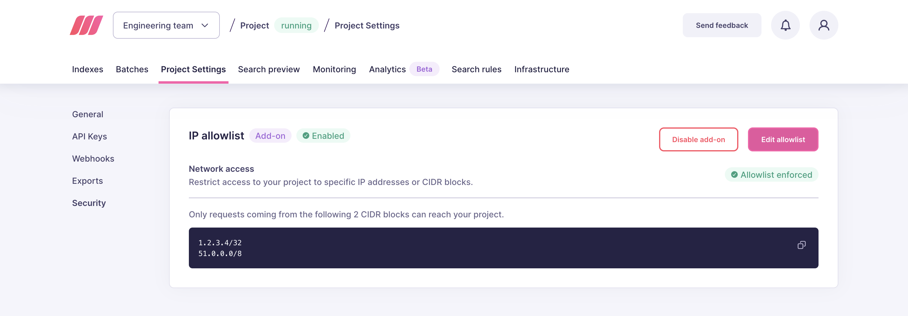 IP allowlist block with the add-on enabled, the Allowlist enforced status, and the list of allowed CIDR blocks
