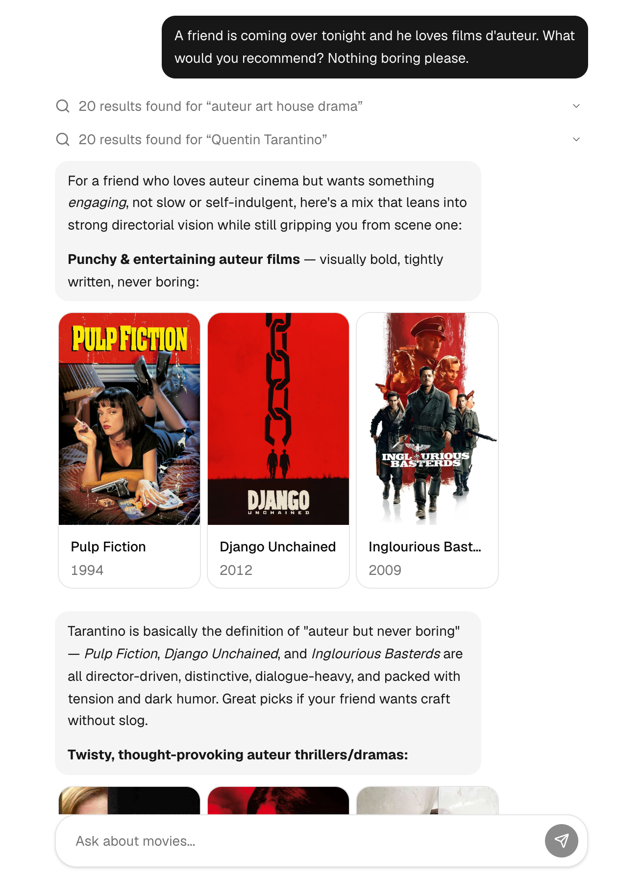 The agentic movie search demo running two searches and recommending auteur films