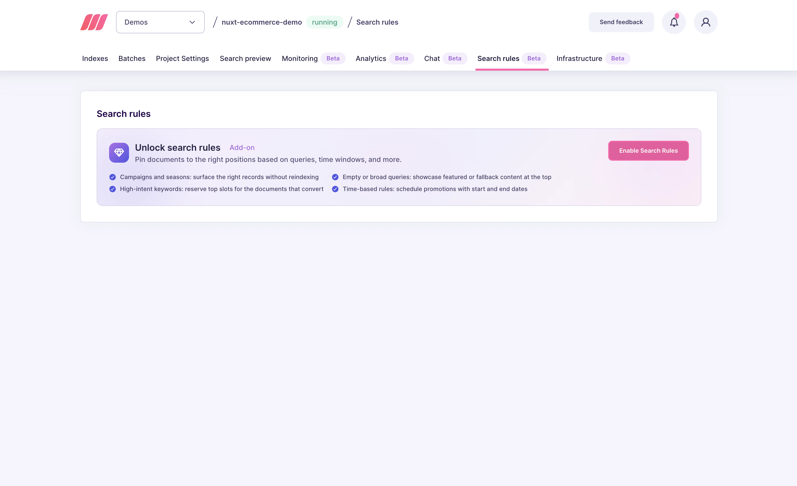 Meilisearch Cloud Search rules tab with an "Enable Search Rules" button in the add-on panel