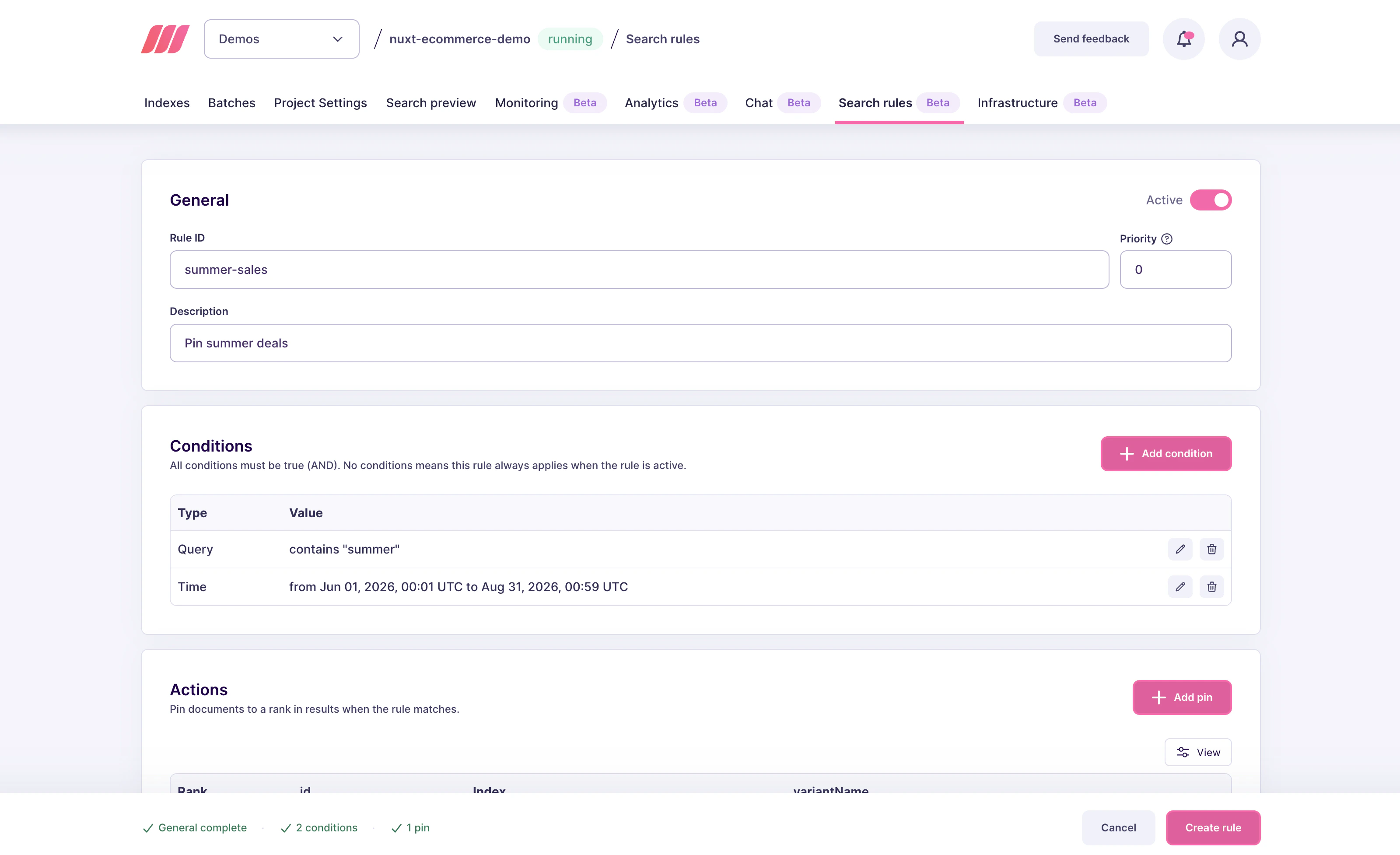 Rule editor showing Rule ID "summer-sales", a description, priority 0, and General / Conditions / Actions sections
