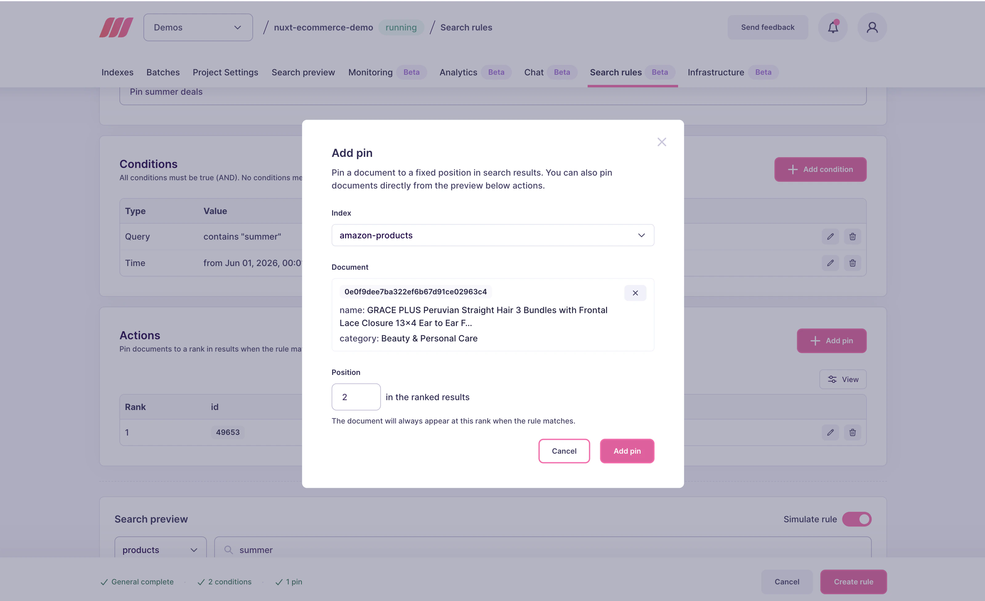 Add pin dialog with an index dropdown, a document selector, and a position input