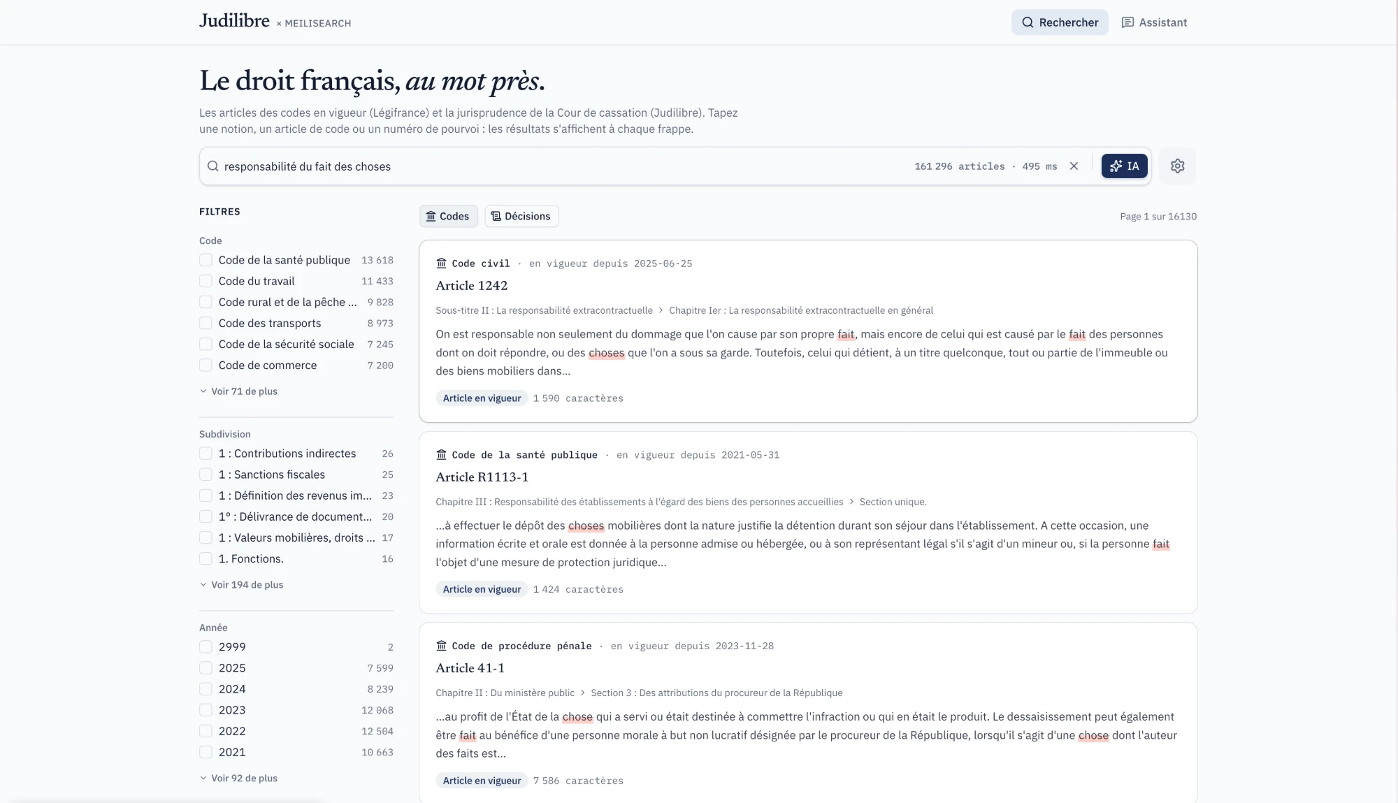 The Judilibre demo showing articles of the Code civil and other codes for the query "responsabilité du fait des choses"