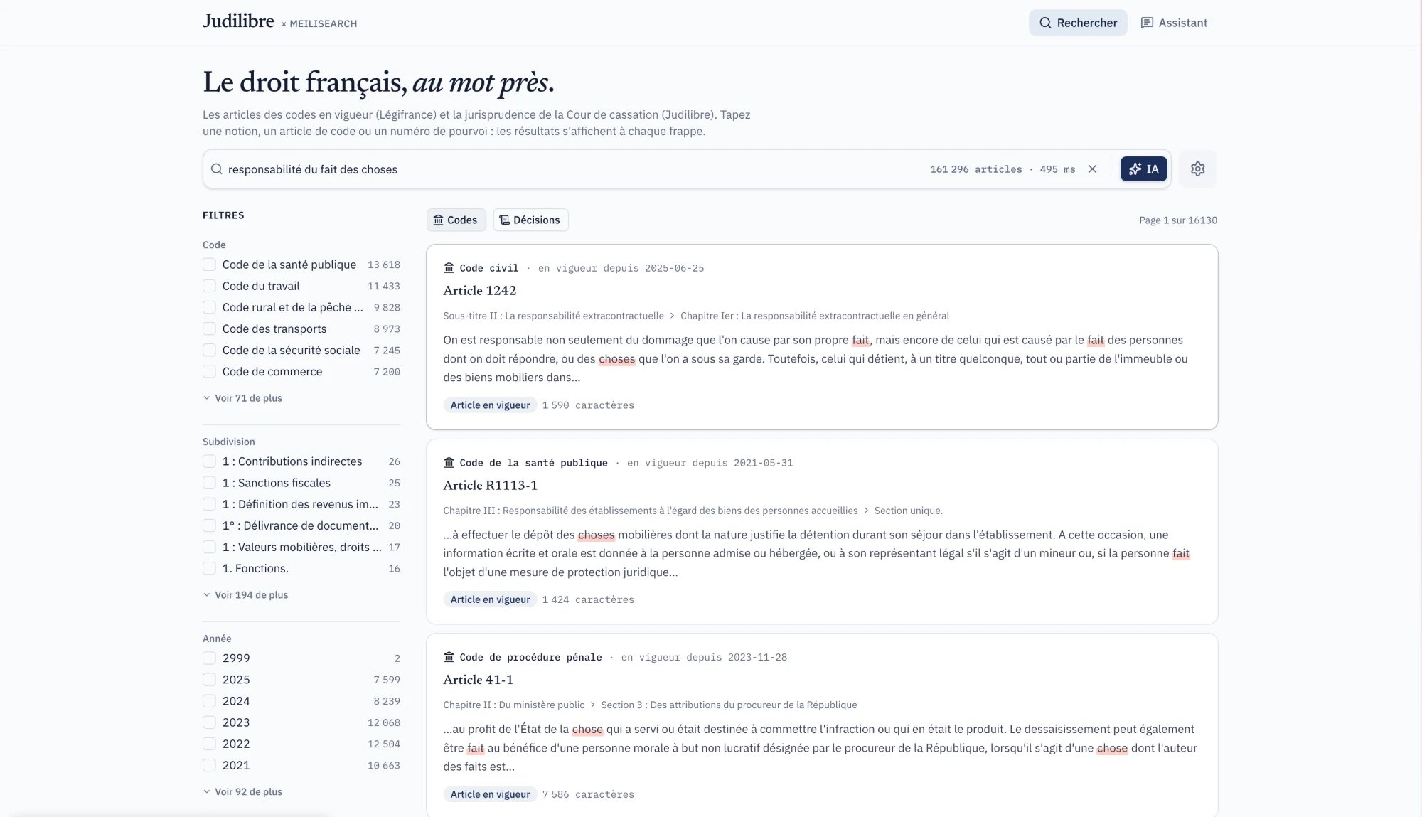 The Judilibre demo showing articles of the Code civil and other codes for the query "responsabilité du fait des choses"