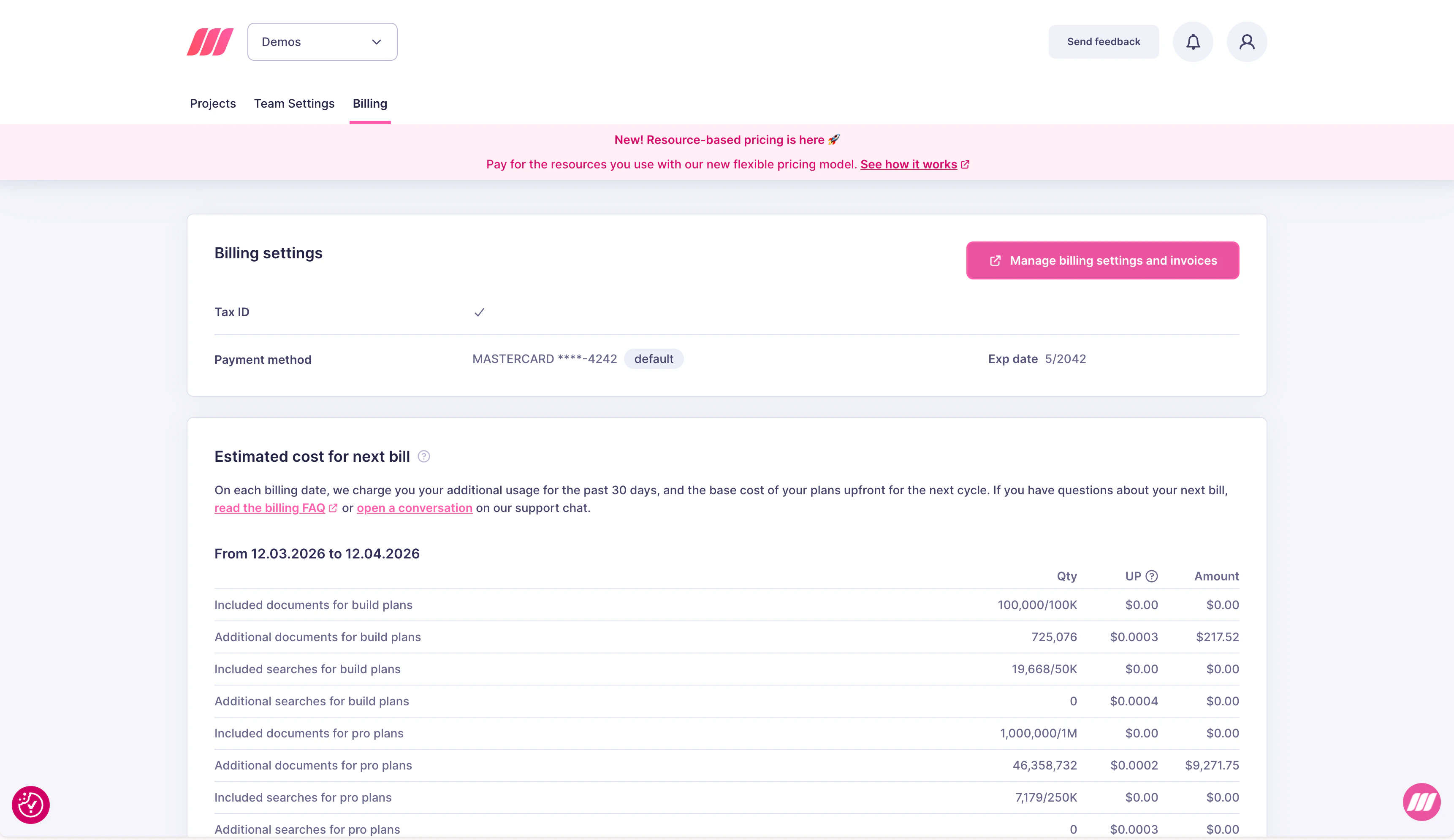 Meilisearch Cloud Billing tab showing billing settings, payment method, and estimated cost for next bill