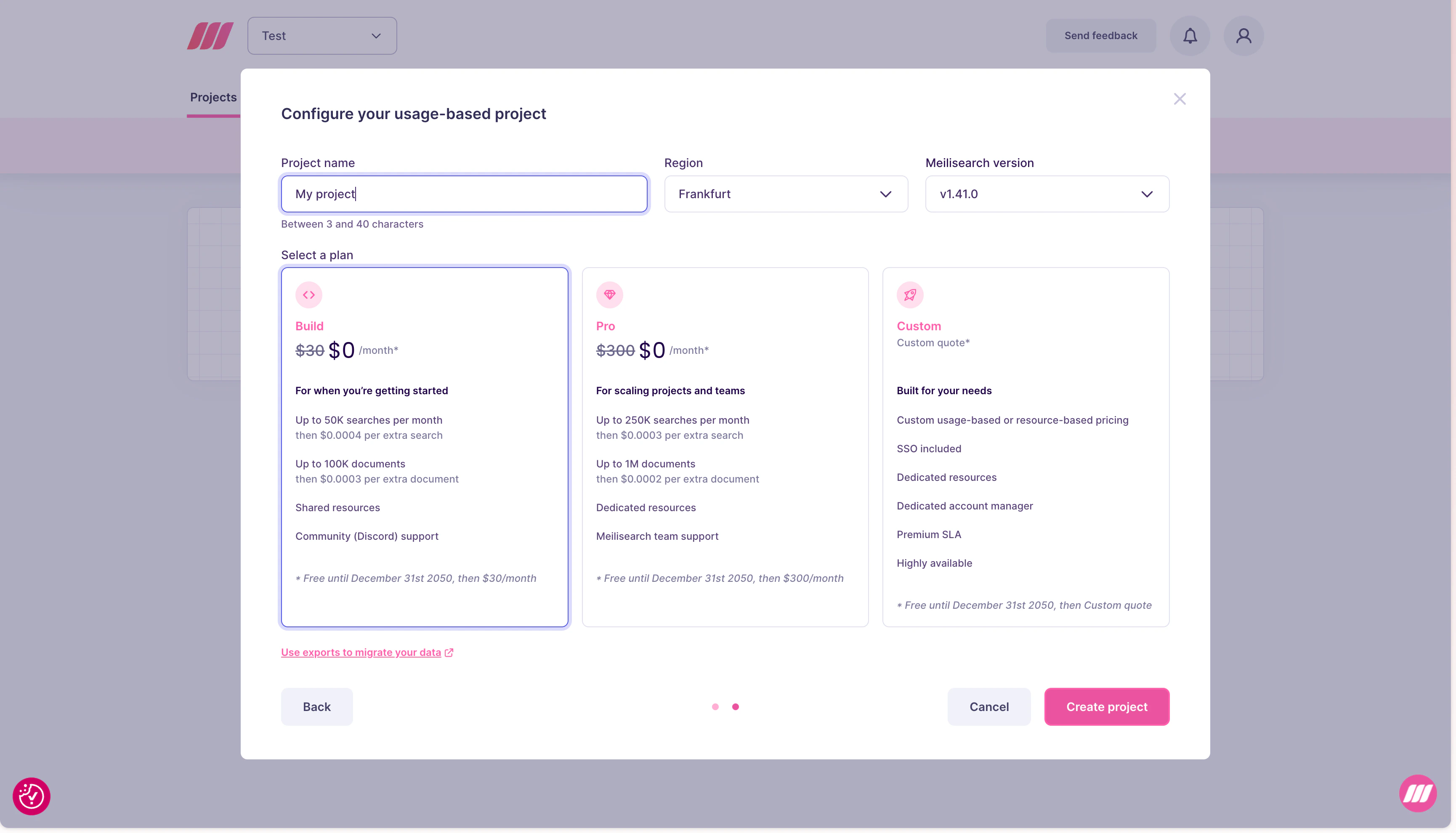 Configure usage-based project form showing Build and Pro plan options with pricing details