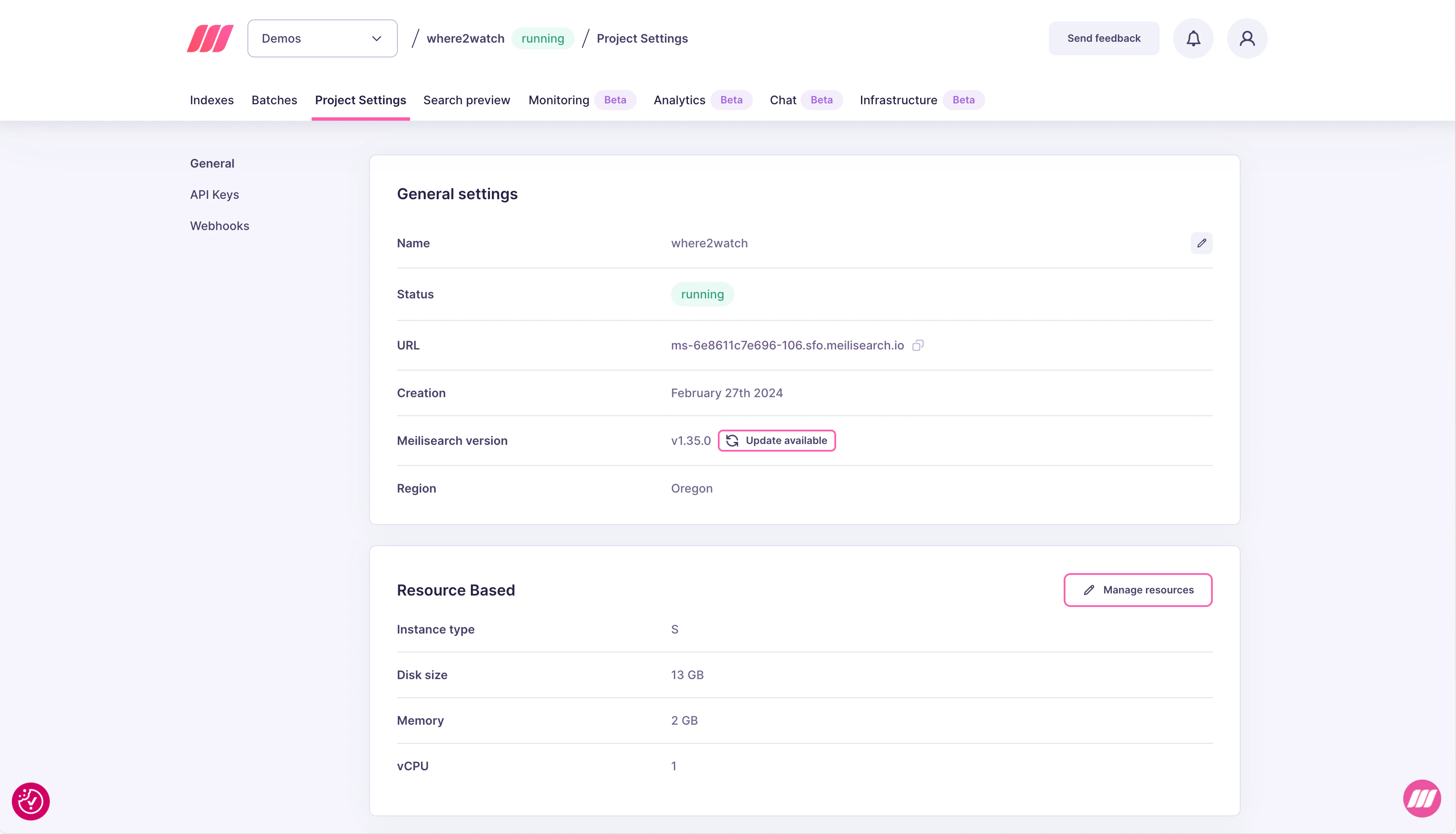 Project settings showing current Meilisearch version with an Update available badge