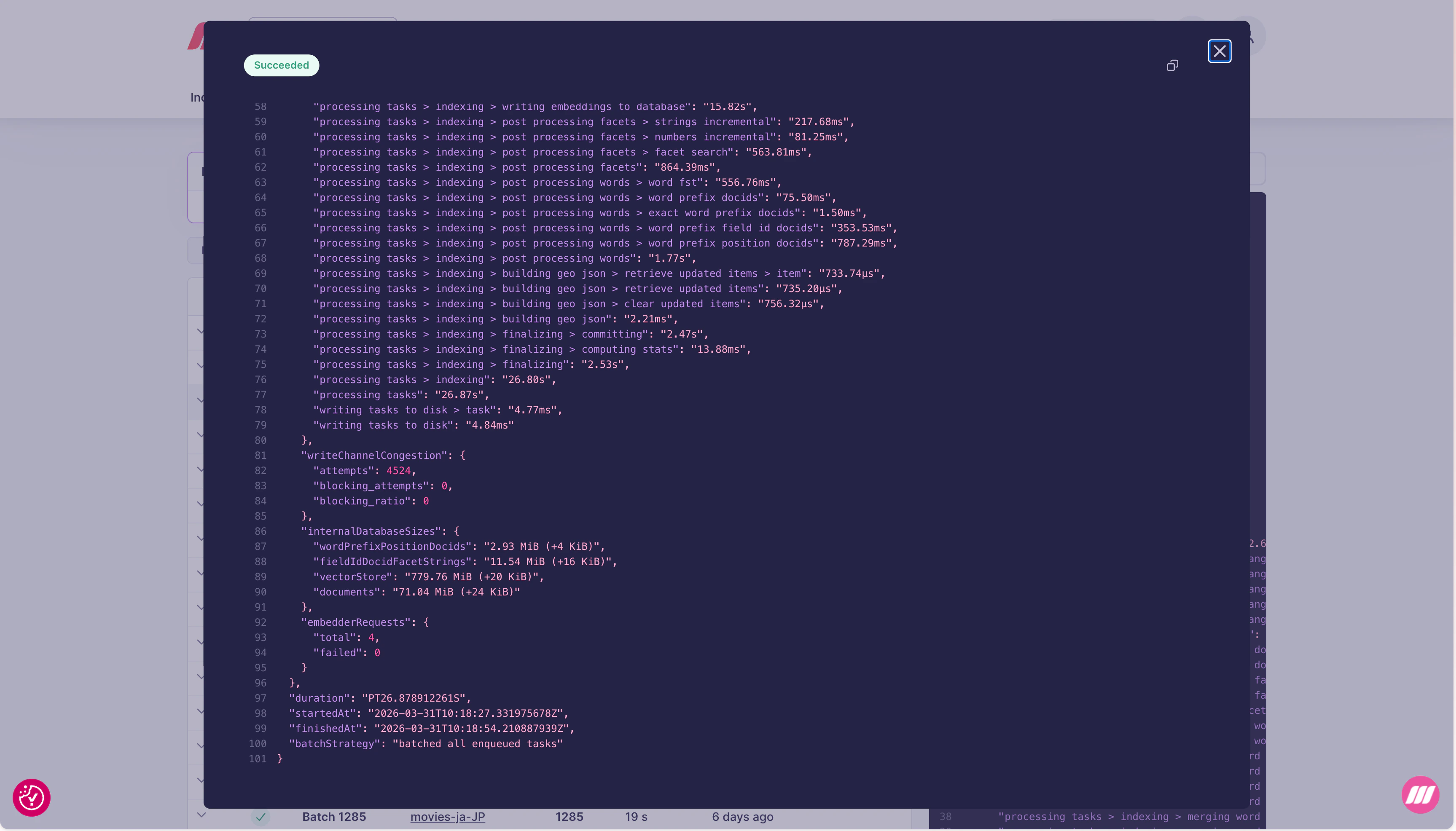 Batch detail JSON panel showing progressTrace with per-step timing, internalDatabaseSizes, embedderRequests, and writeChannelCongestion