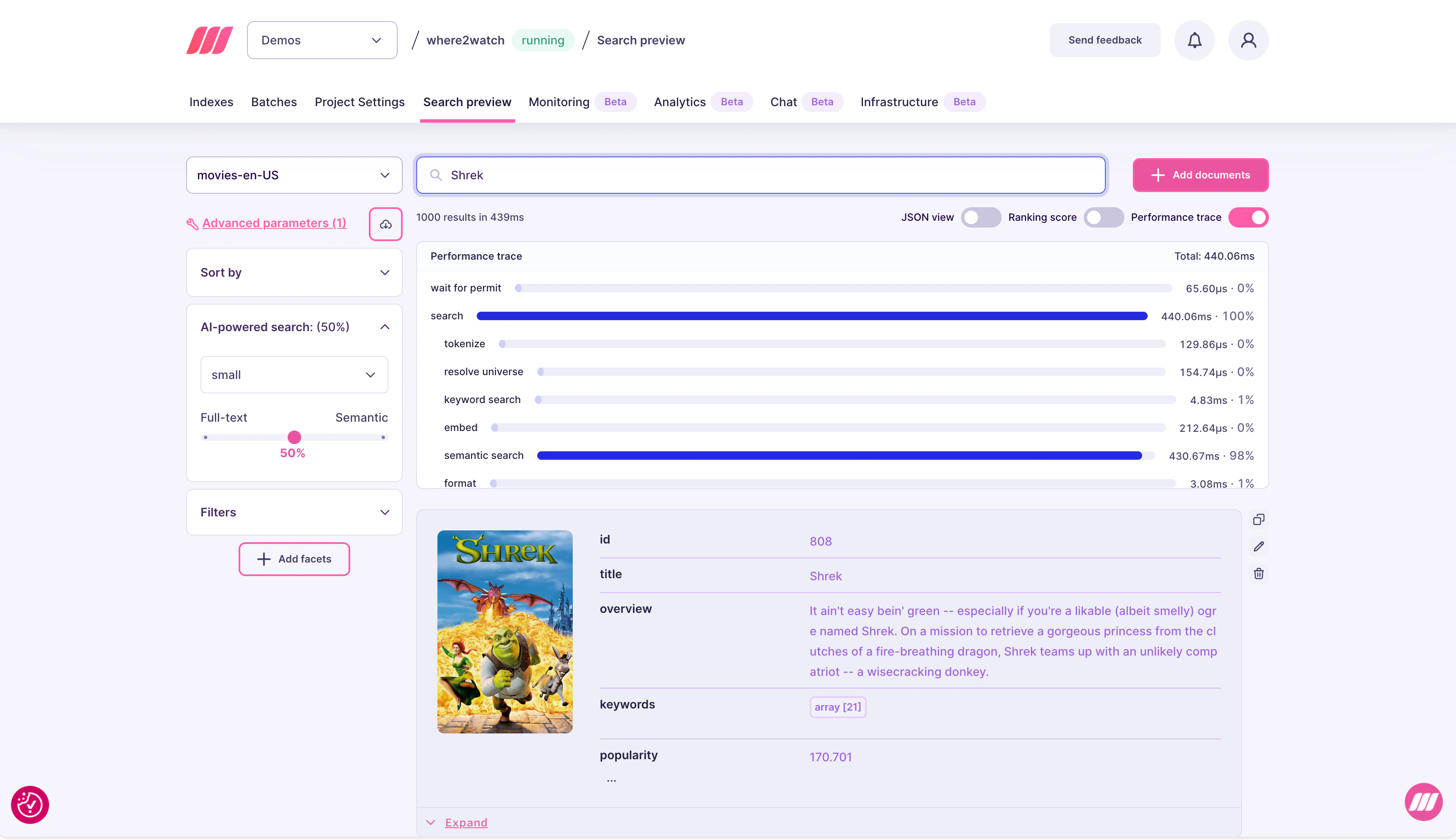 Search preview showing Performance trace panel with per-step timing breakdown including semantic search at 98% of total time