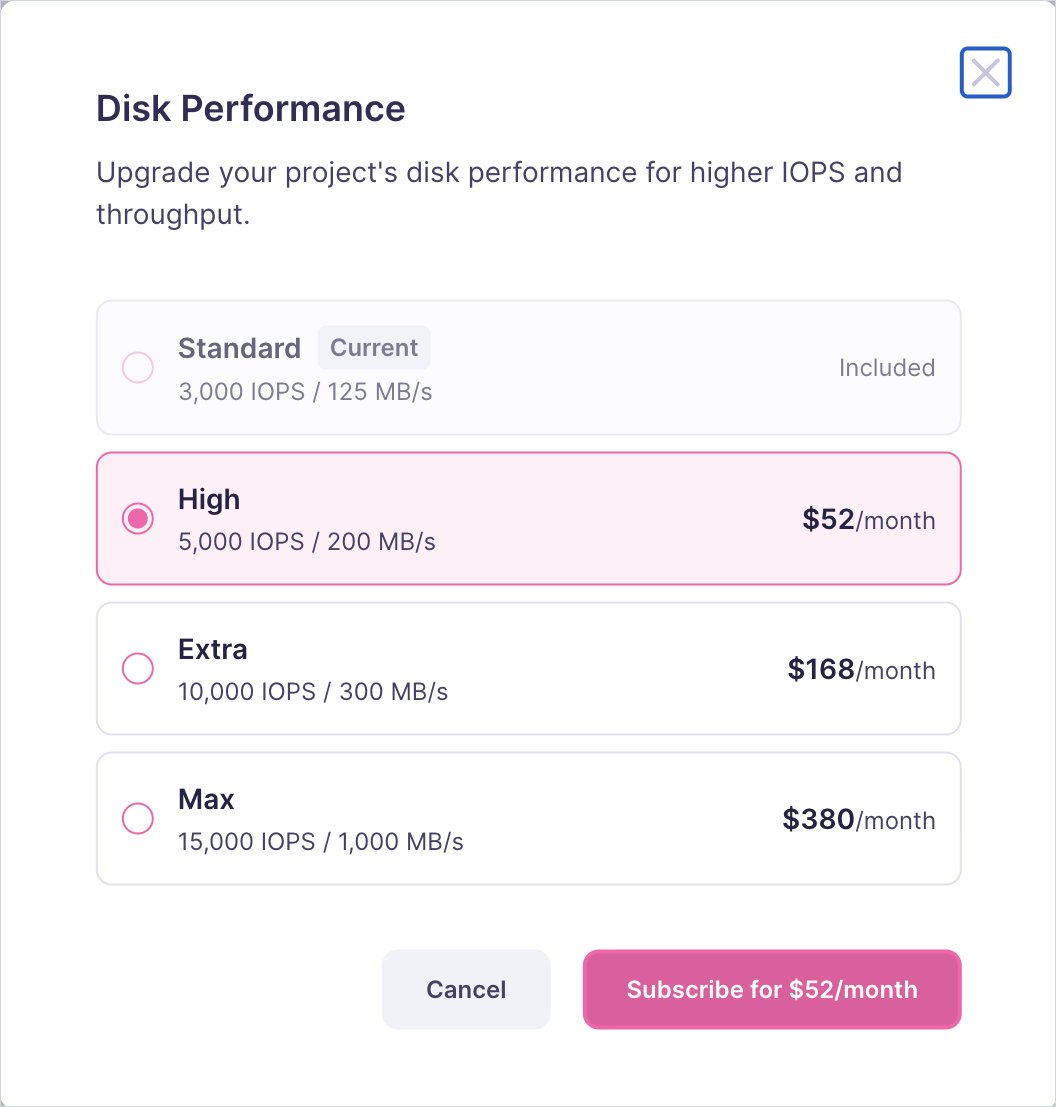 Disk Performance dialog showing the Standard, High, Extra, and Max tiers with their IOPS, throughput, and monthly price